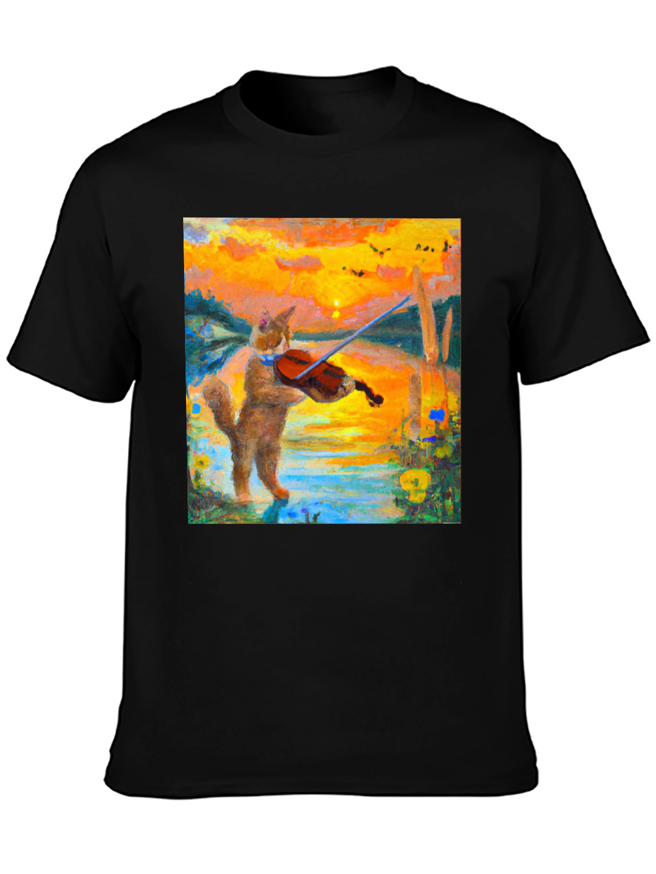 Cat Violinist Sunset Graphic T-Shirt