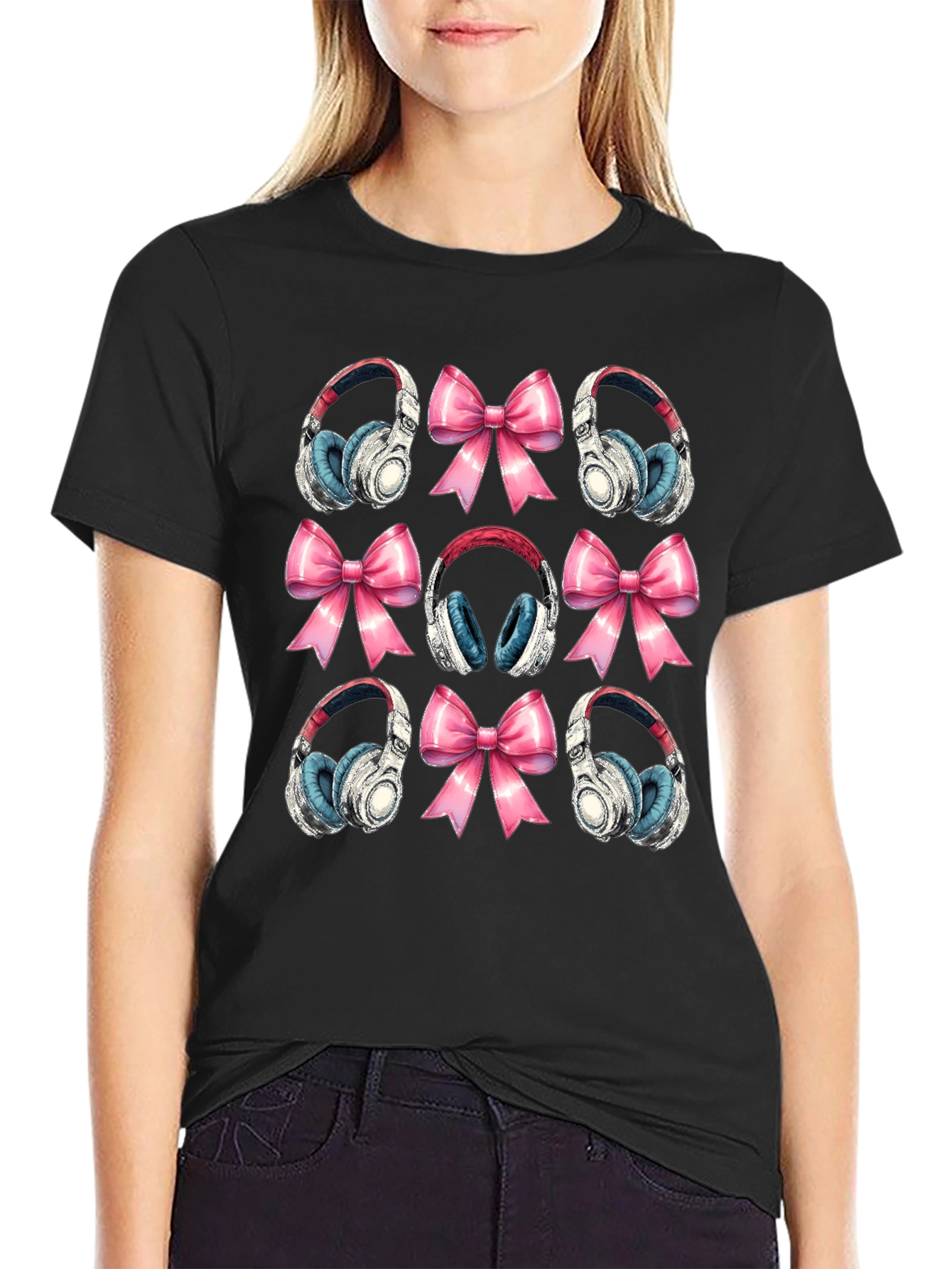 Headphones & Bows Graphic T-Shirt - Music Lover Tee