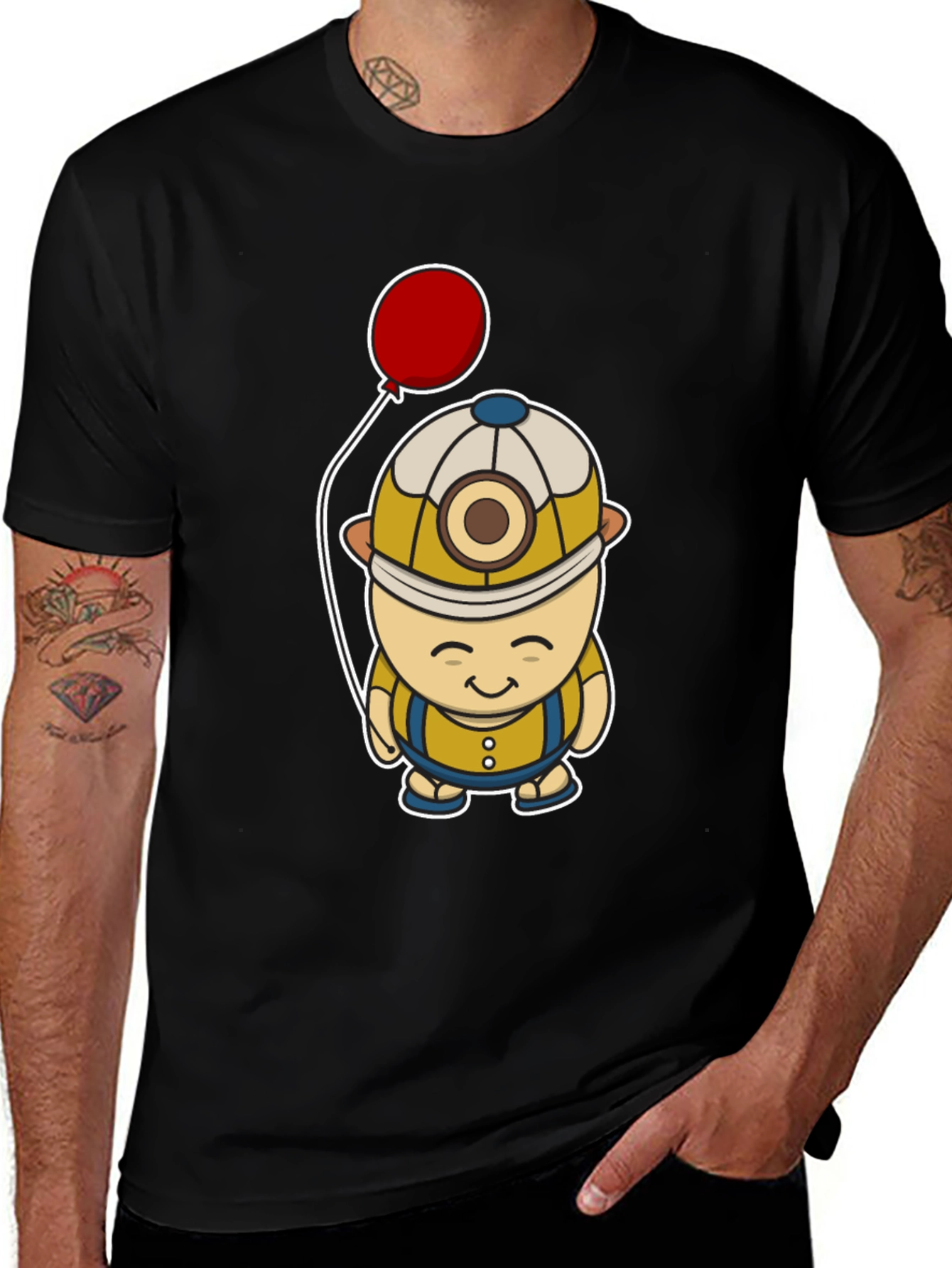 Cartoon Miner with Balloon Graphic Tee - Black