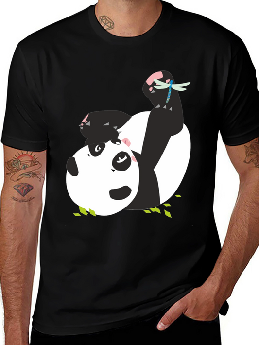 Cute Panda & Dragonfly Graphic Black T-Shirt