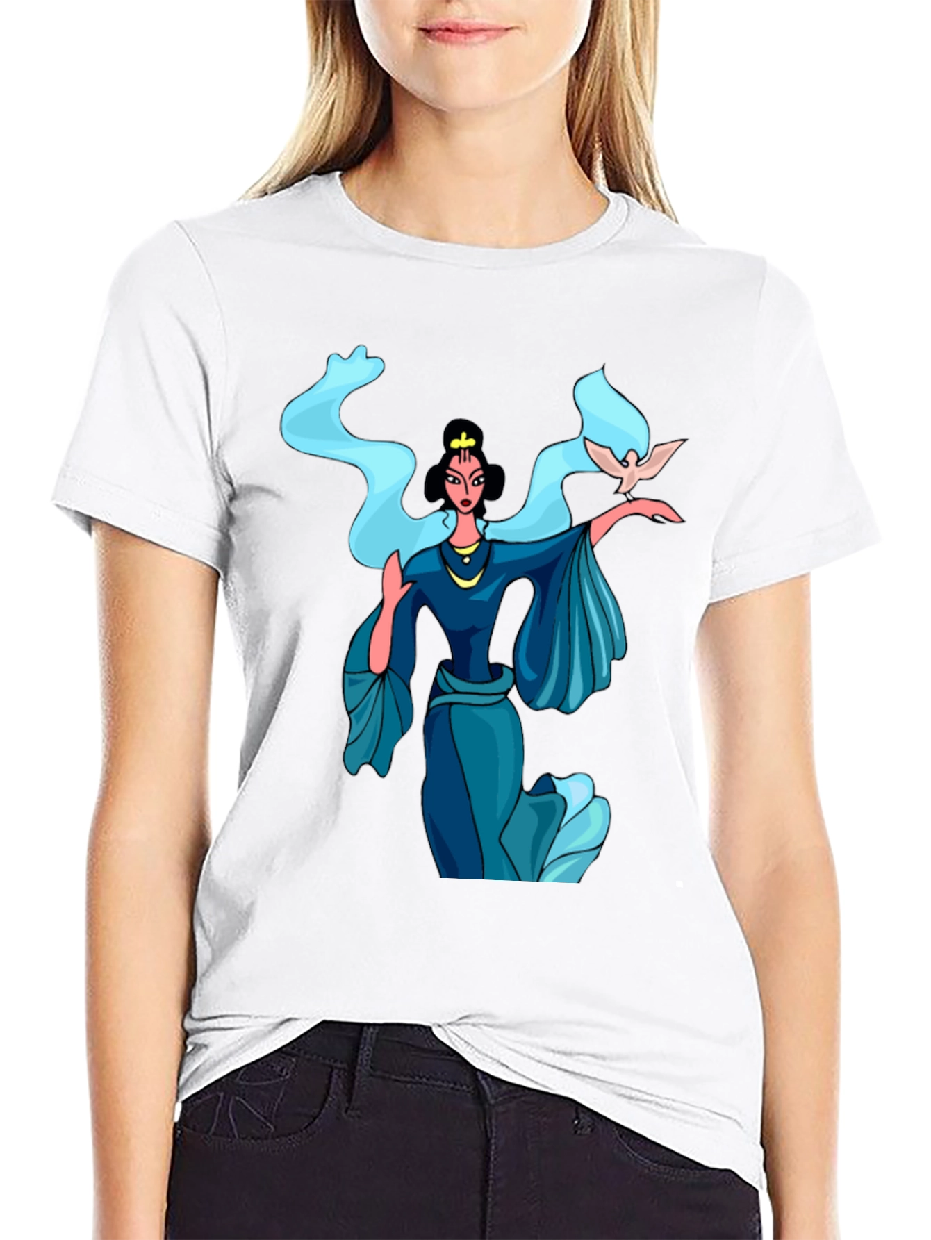 Elegant Woman with Dove Graphic Tee - Black