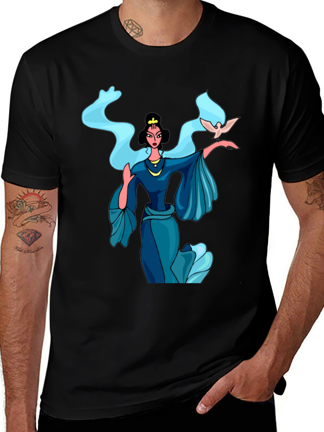 Elegant Woman with Dove Graphic Tee - Black