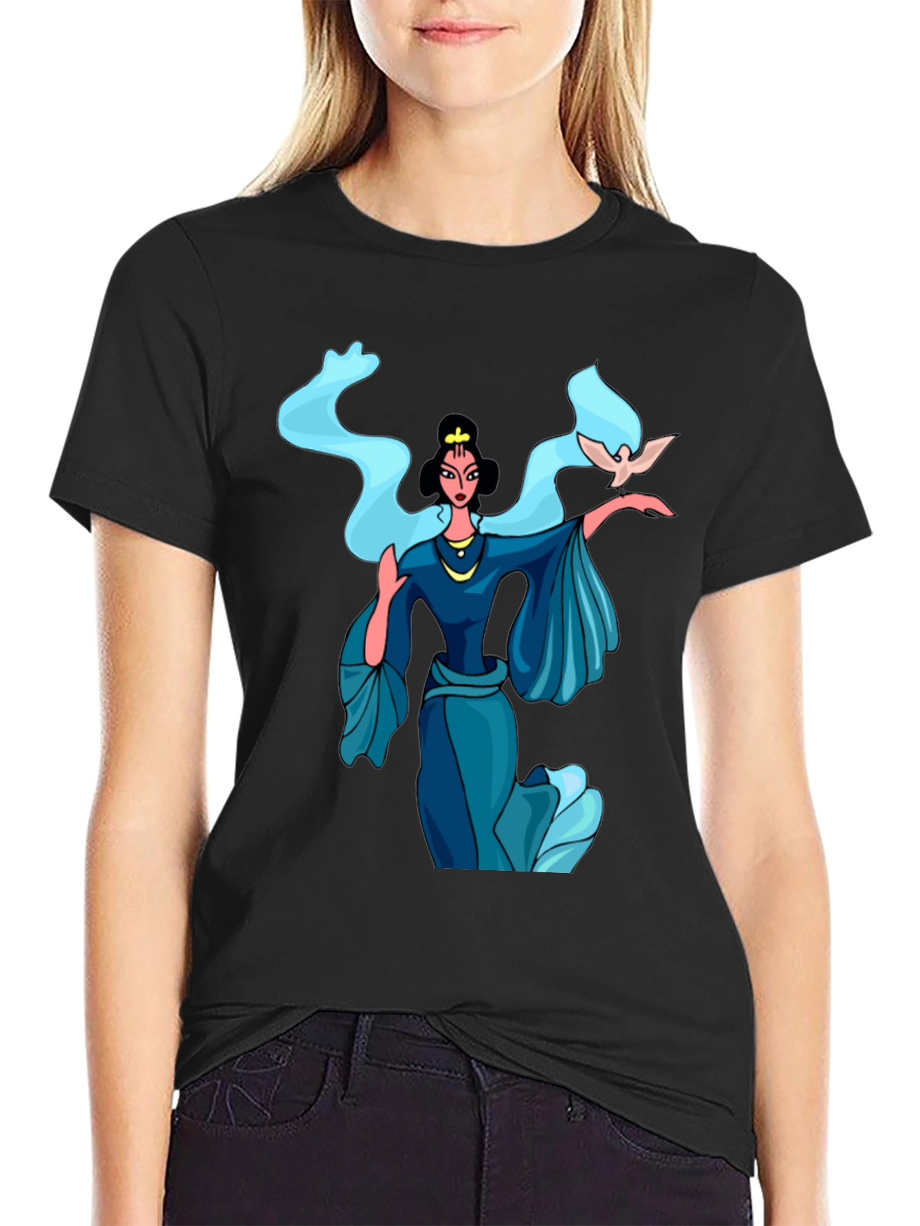 Elegant Woman with Dove Graphic Tee - Black