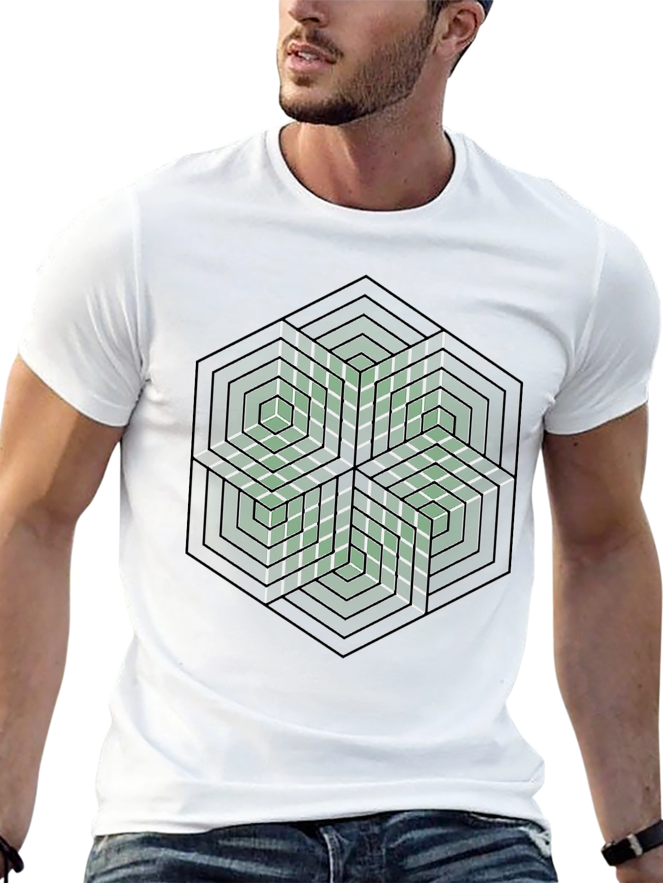 Geometric Hexagon Illusion Graphic Tee - Black