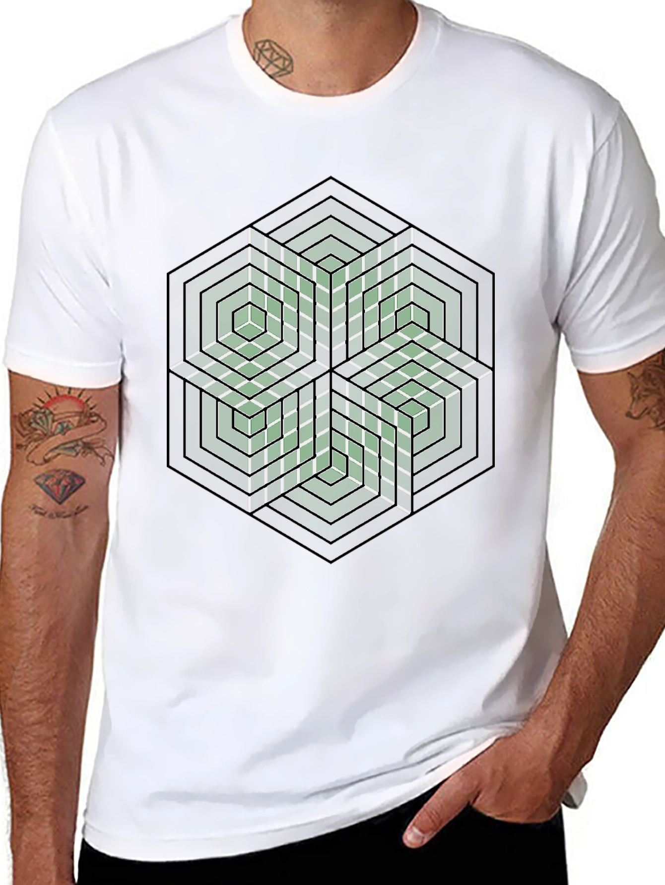 Geometric Hexagon Illusion Graphic Tee - Black
