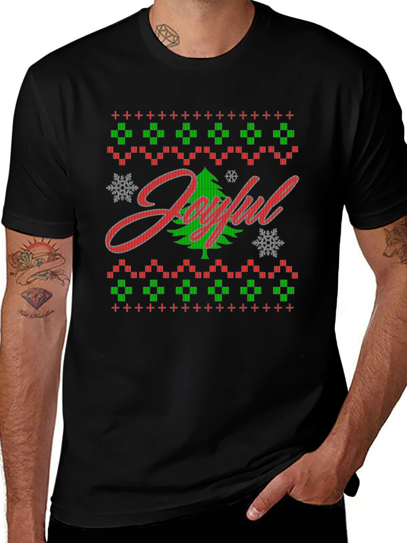 Joyful Christmas Tree Ugly Sweater Style Graphic Tee
