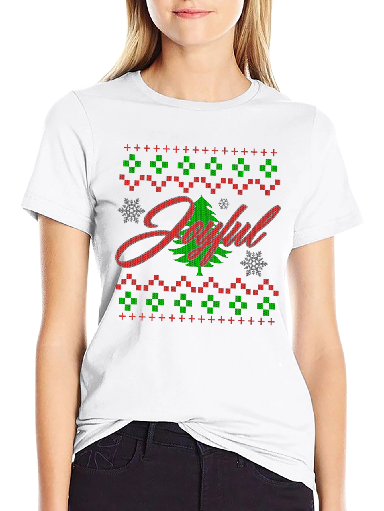 Joyful Christmas Tree Ugly Sweater Style Graphic Tee