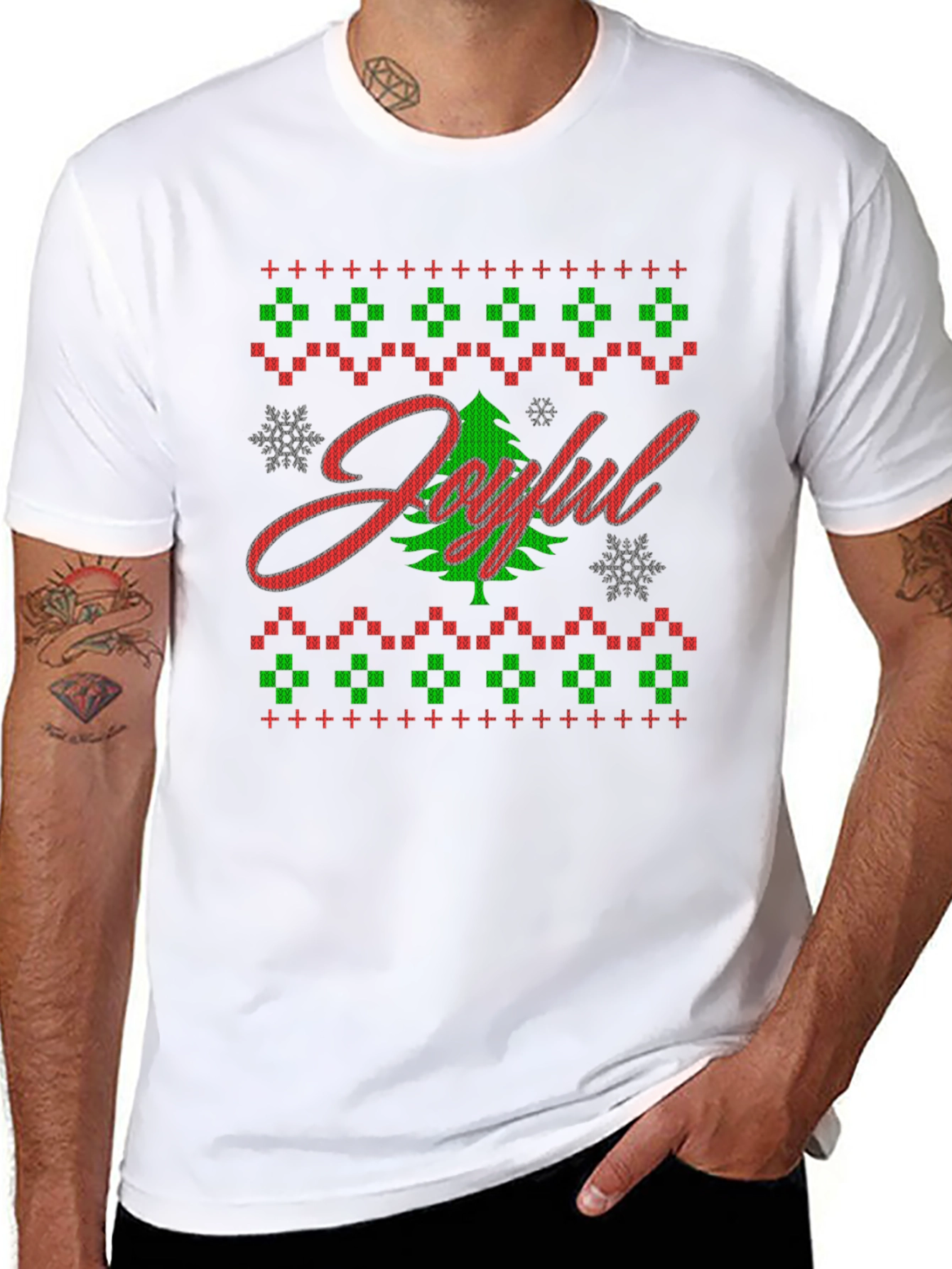 Joyful Christmas Tree Ugly Sweater Style Graphic Tee