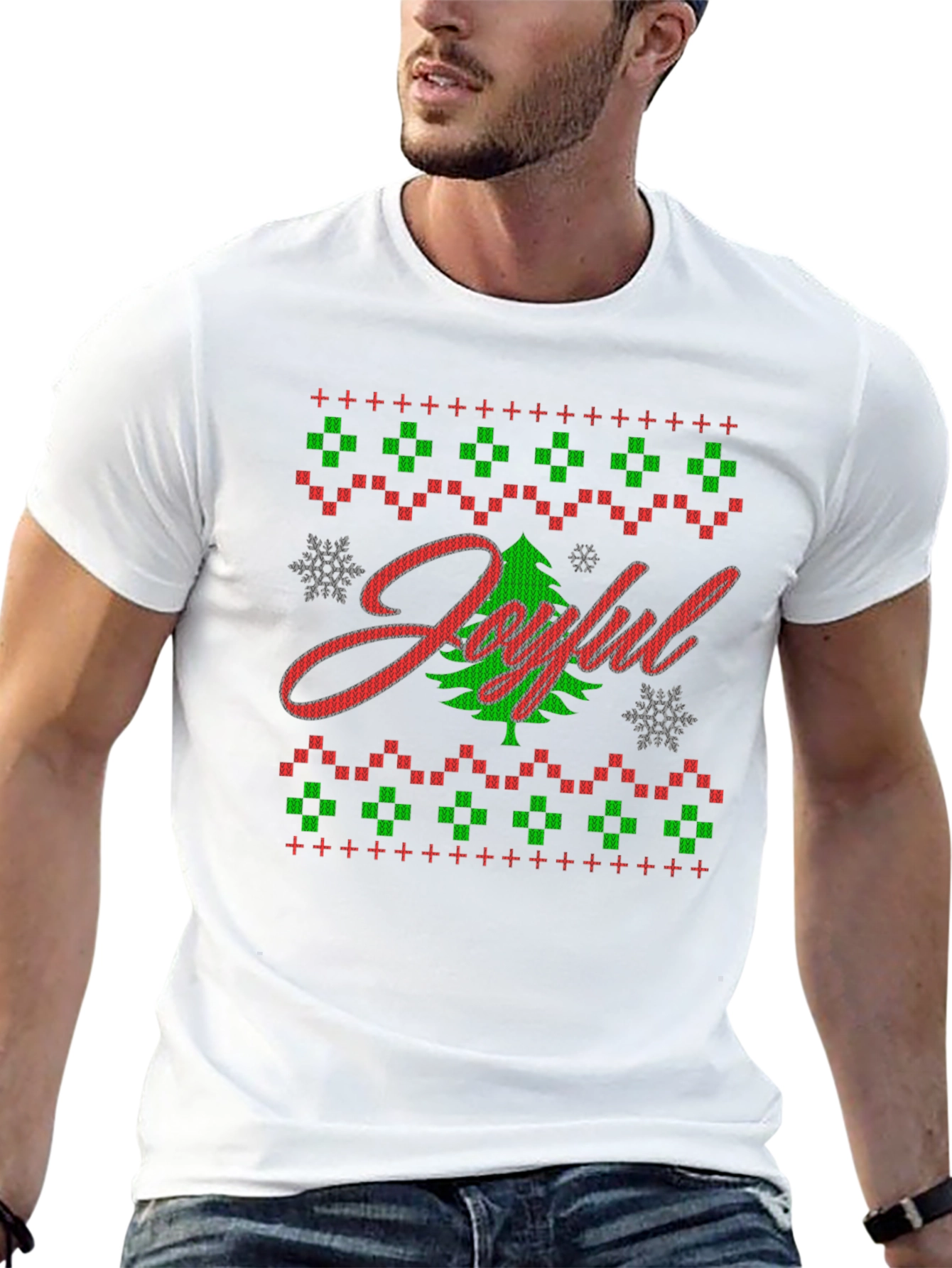 Joyful Christmas Tree Ugly Sweater Style Graphic Tee