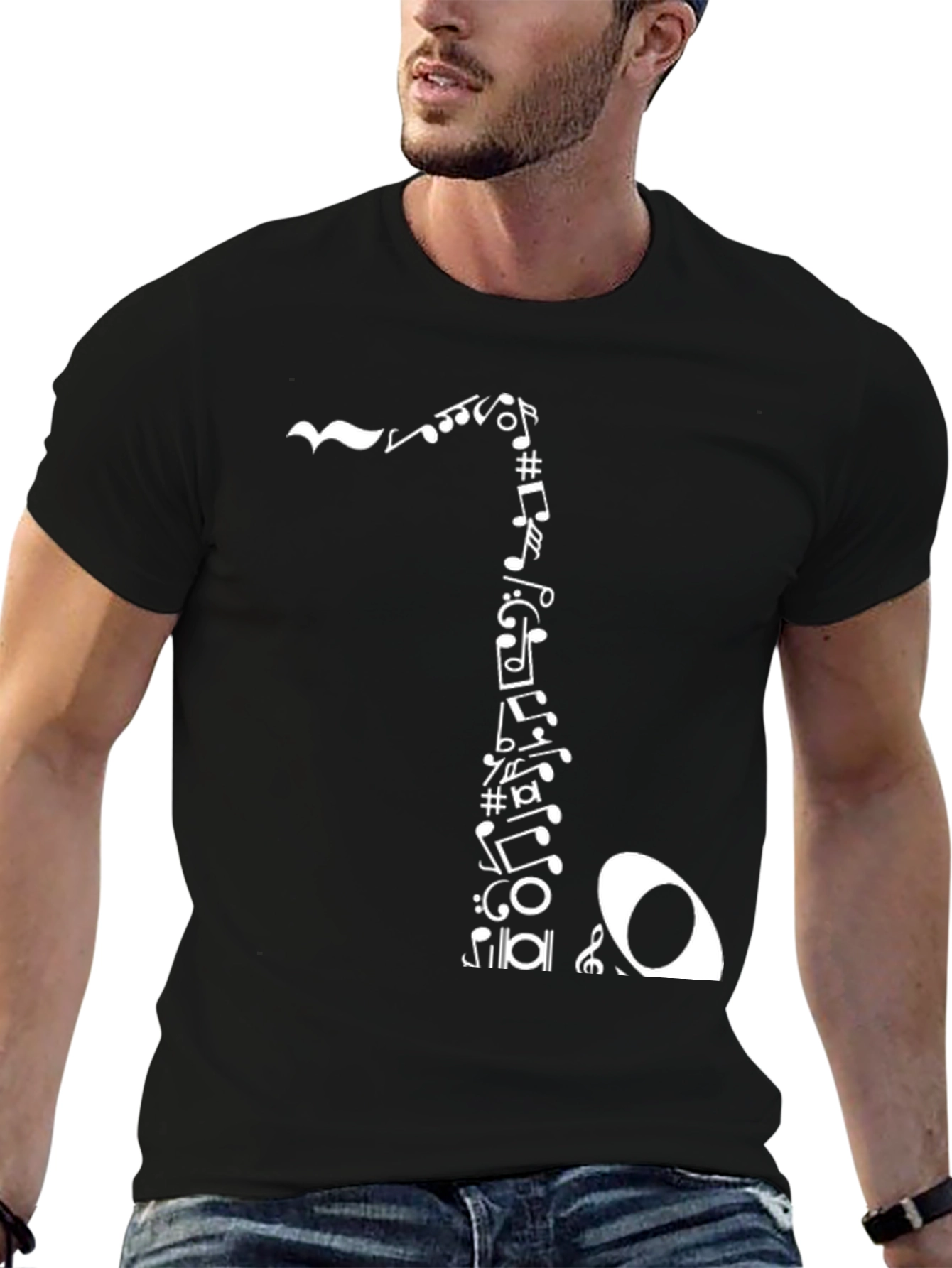 Musical Notes Saxophone Graphic Tee - Black