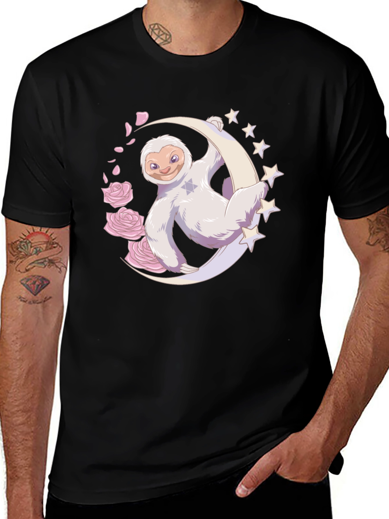 Sloth on Moon Graphic T-Shirt - Black