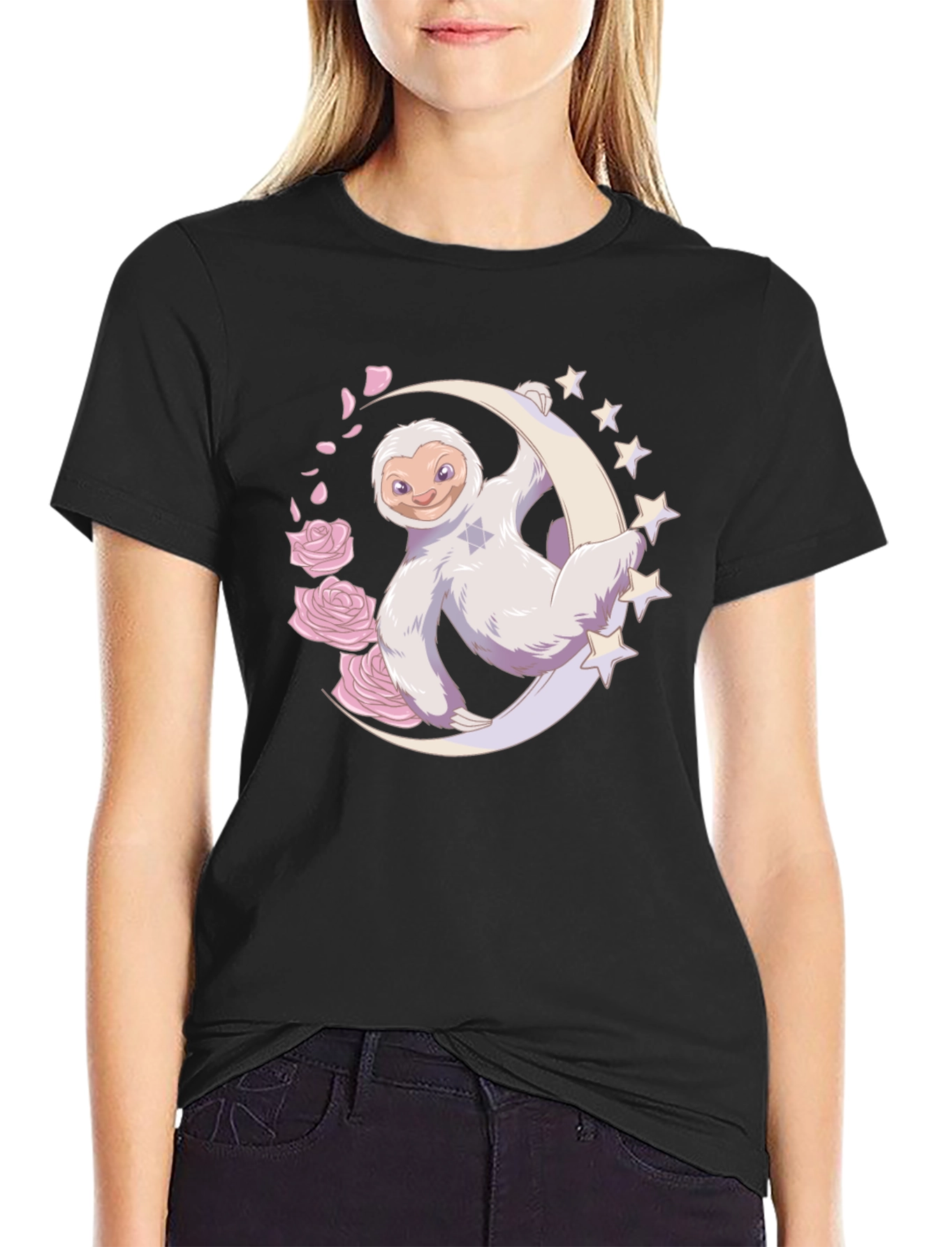 Sloth on Moon Graphic T-Shirt - Black