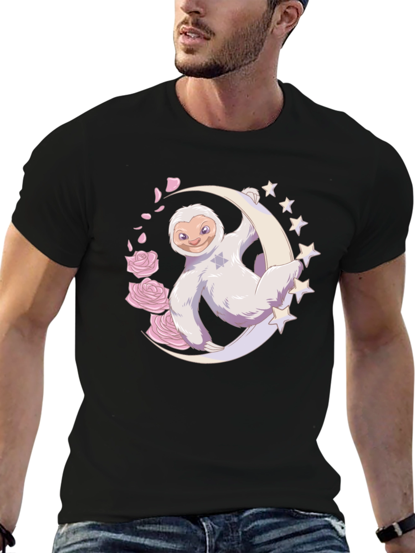 Sloth on Moon Graphic T-Shirt - Black