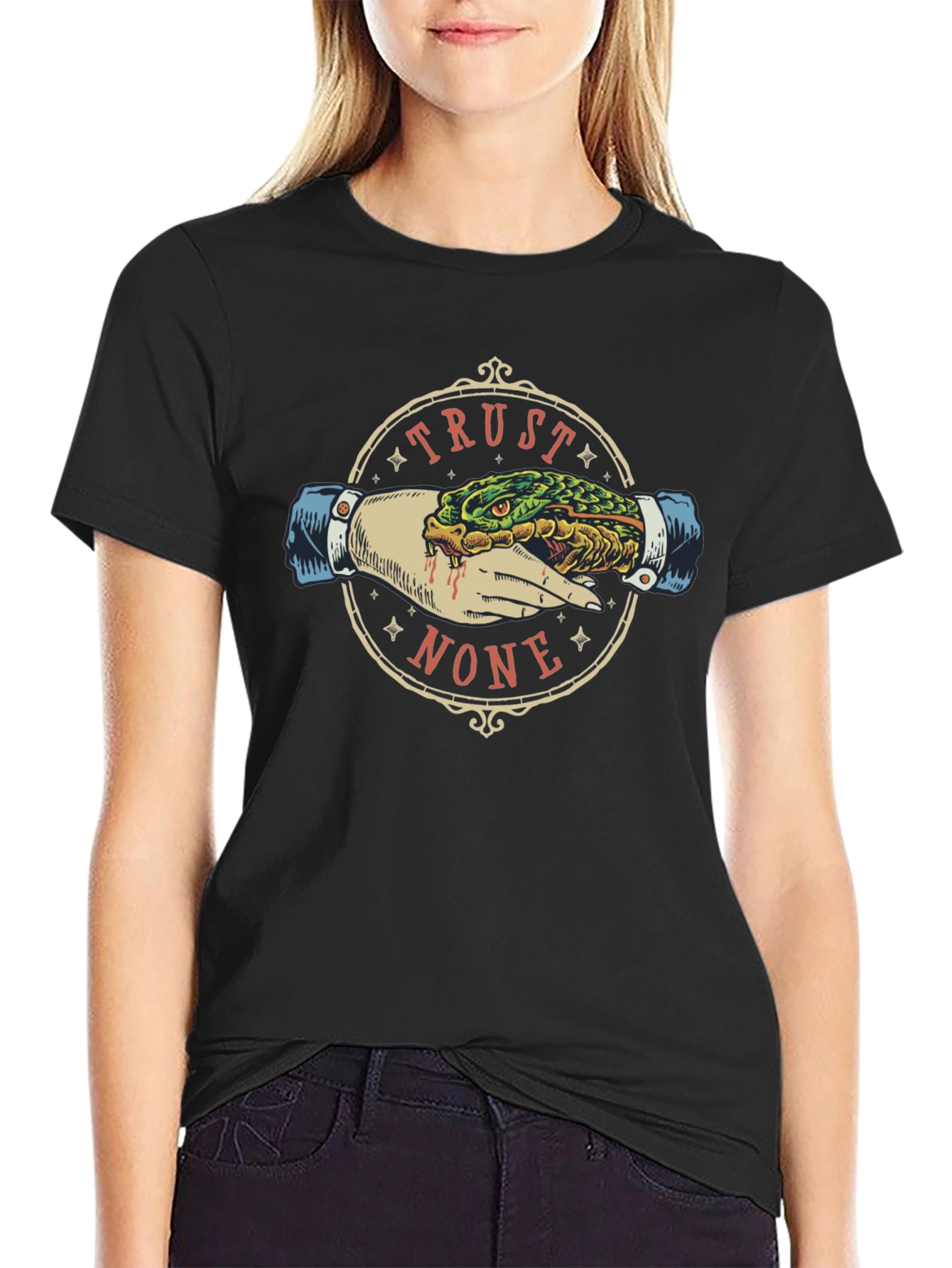 Trust None Graphic Tee - Snake Handshake Design