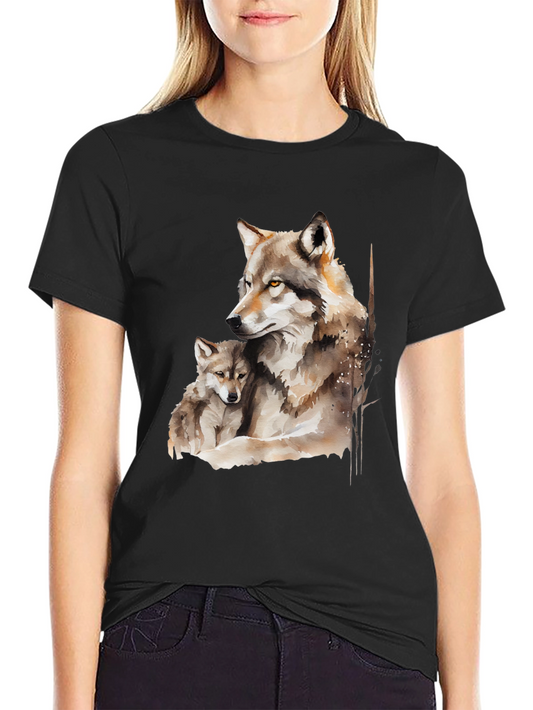 Wolf & Cub Watercolor Graphic Tee - Black Cotton Shirt