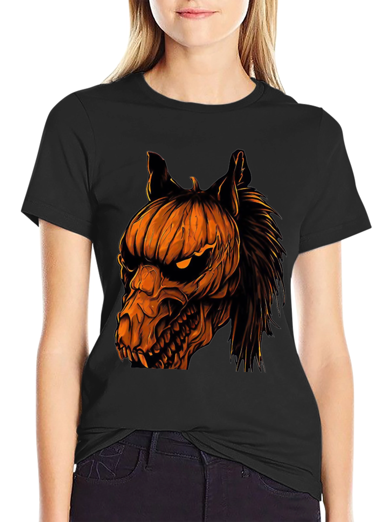 Halloween Pumpkin Horse Head Graphic T-Shirt