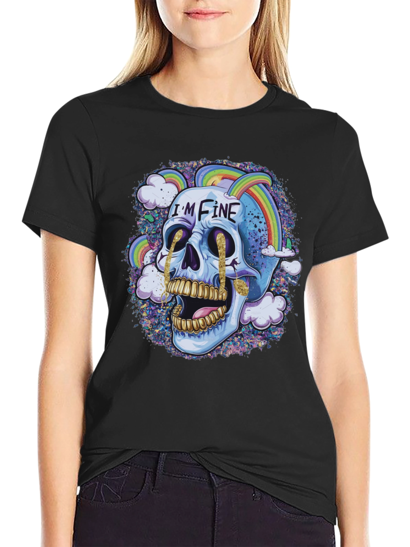 Im Fine Skull Rainbow Graphic Tee - Black
