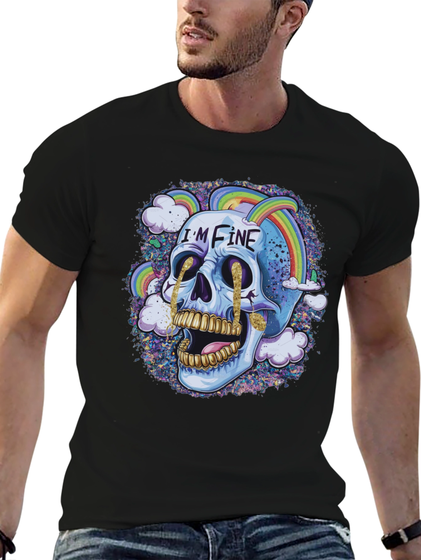 Im Fine Skull Rainbow Graphic Tee - Black
