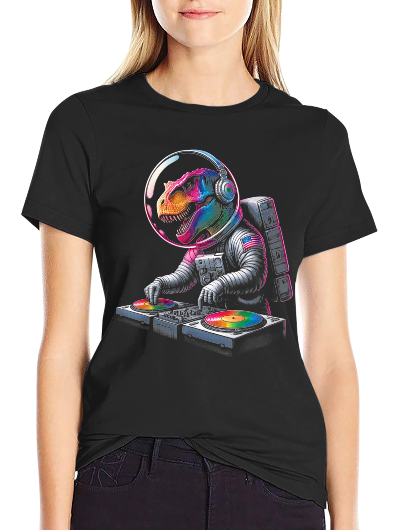 Dino DJ in Space T-Shirt - Awesome Graphic Tee!