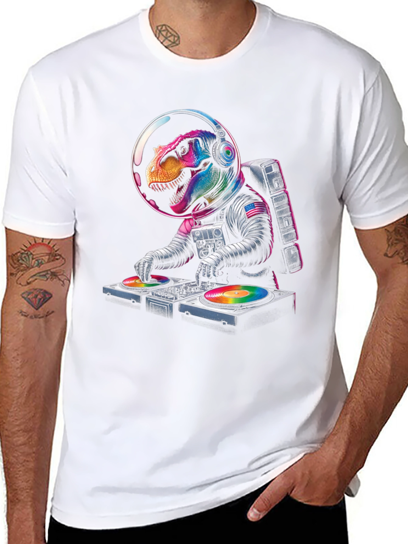 Dino DJ in Space T-Shirt - Awesome Graphic Tee!