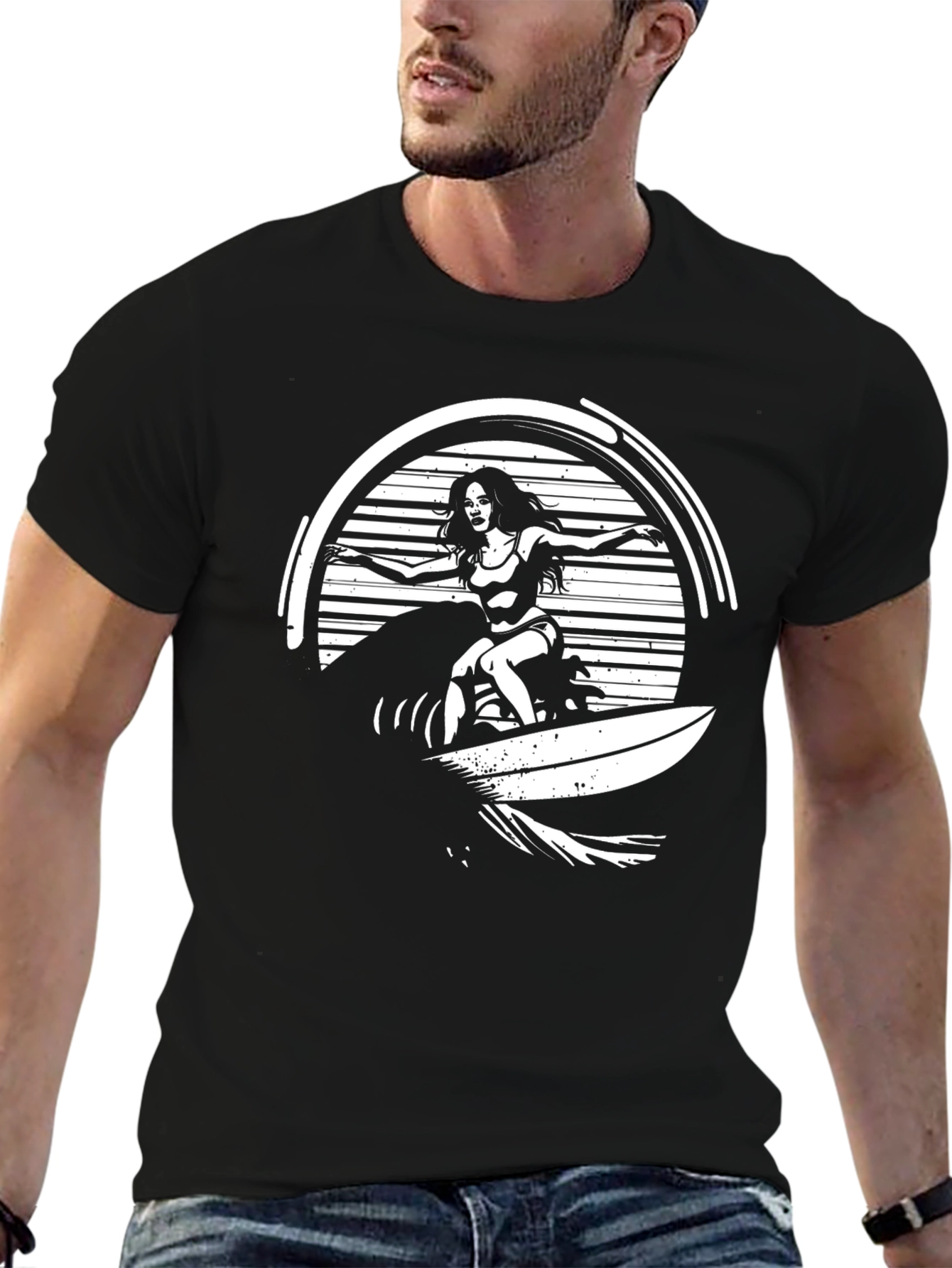 Surfer Girl Graphic Tee - Black Cotton T-Shirt