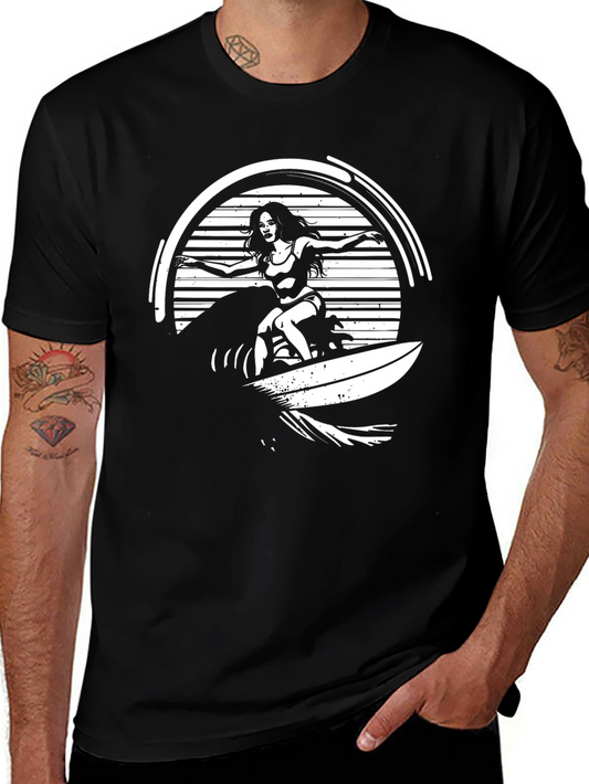 Surfer Girl Graphic Tee - Black Cotton T-Shirt
