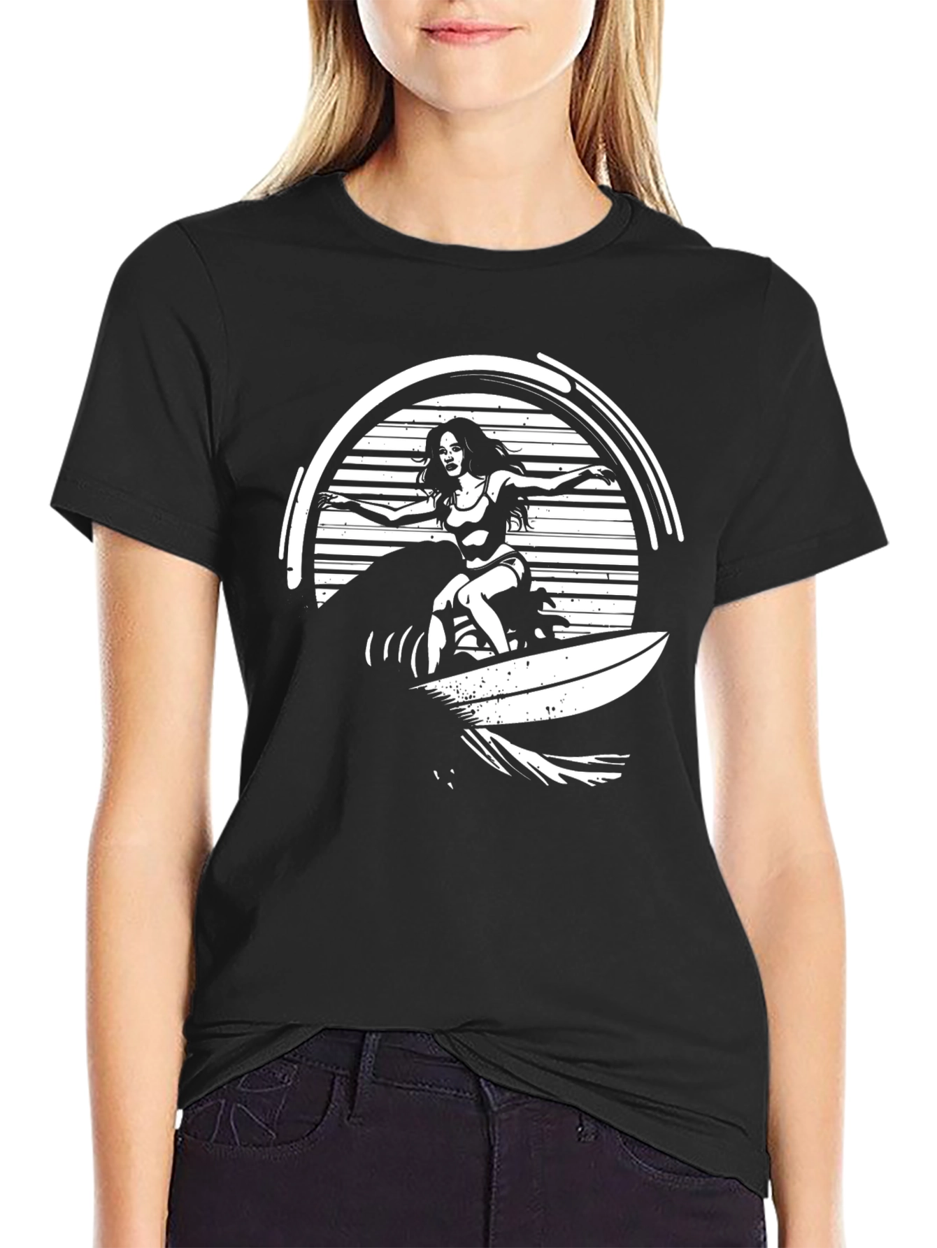 Surfer Girl Graphic Tee - Black Cotton T-Shirt