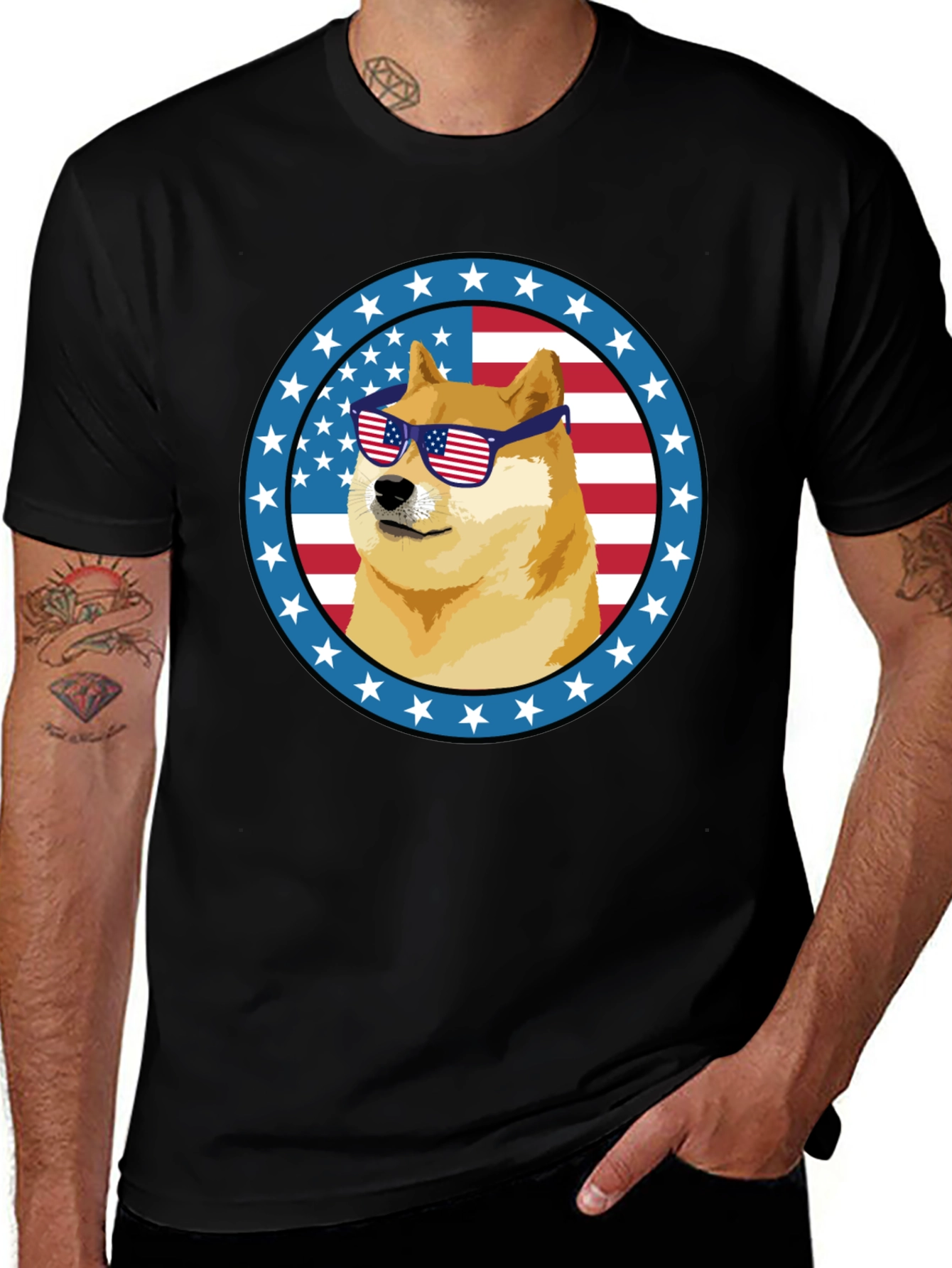 Patriotic Doge T-Shirt - American Flag Sunglasses