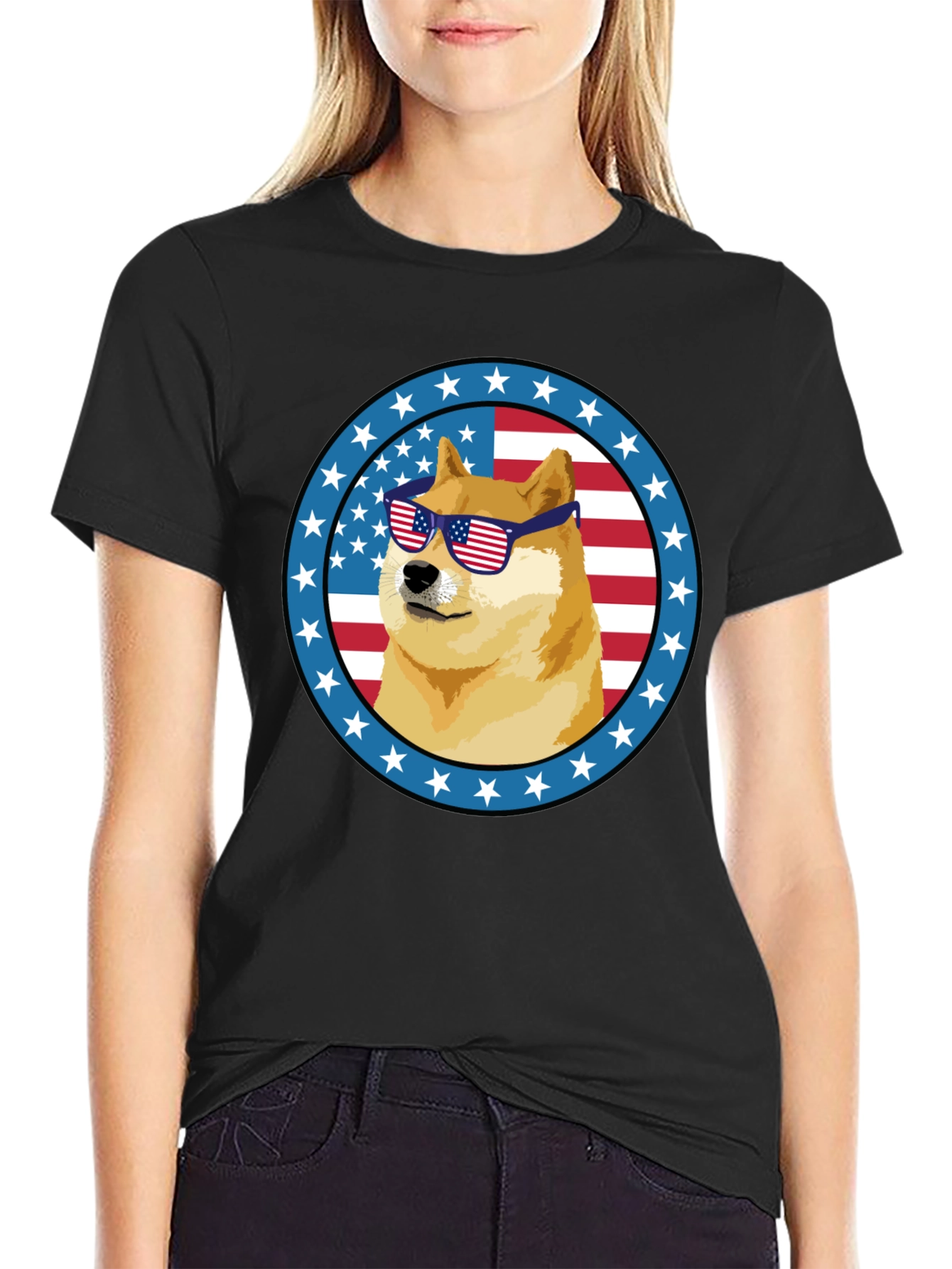 Patriotic Doge T-Shirt - American Flag Sunglasses