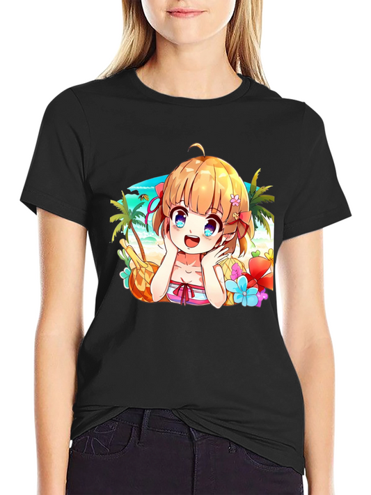 Anime Girl Beach Scene Black T-Shirt