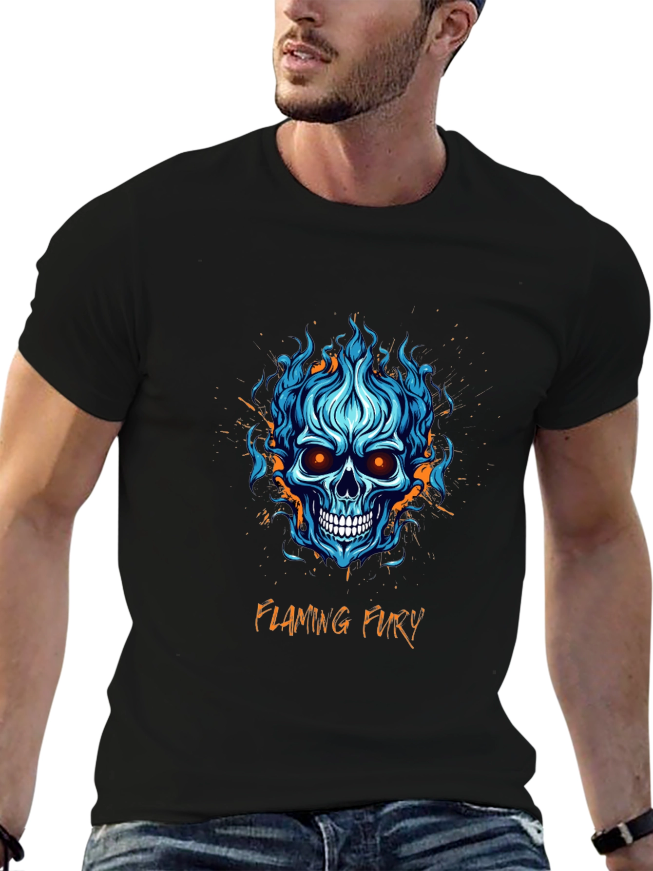 Flaming Fury Skull Graphic T-Shirt - Mens Black Tee