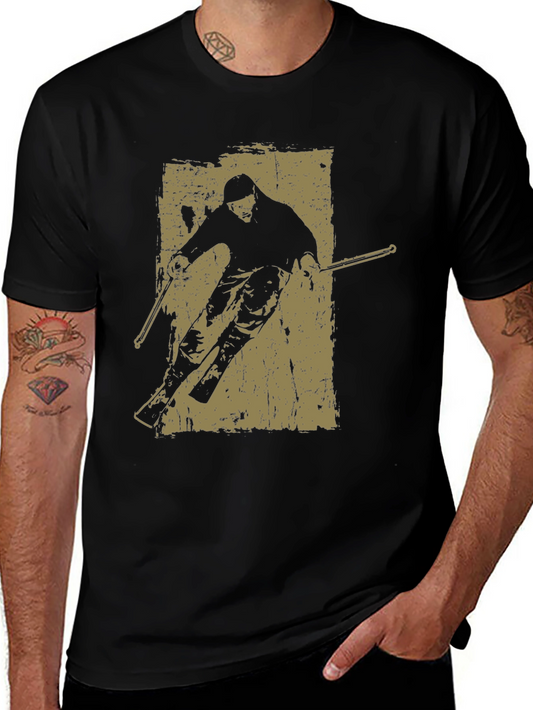 Vintage Skier Graphic Tee - Black Cotton T-Shirt