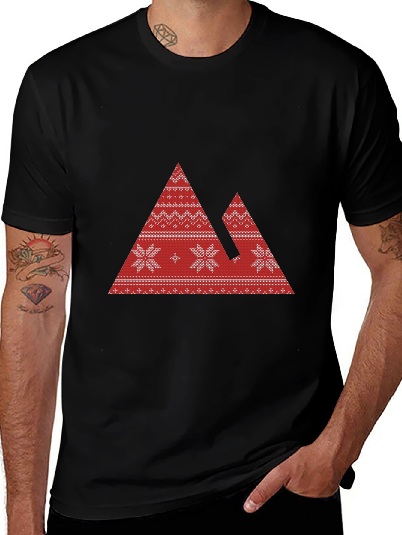 Red Mountain Pattern Black T-Shirt