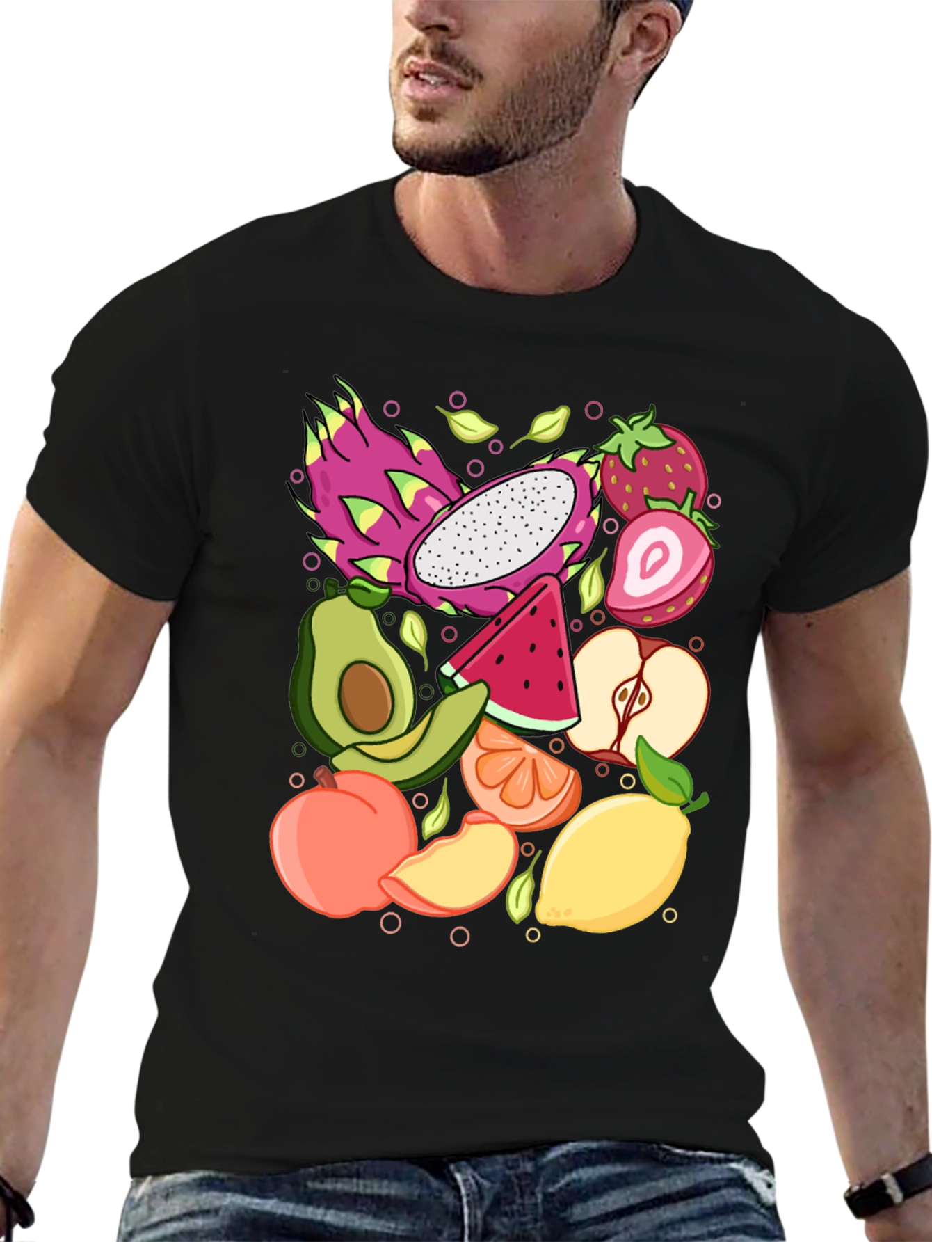 Fruit Pattern Graphic Tee - Unisex Black T-Shirt