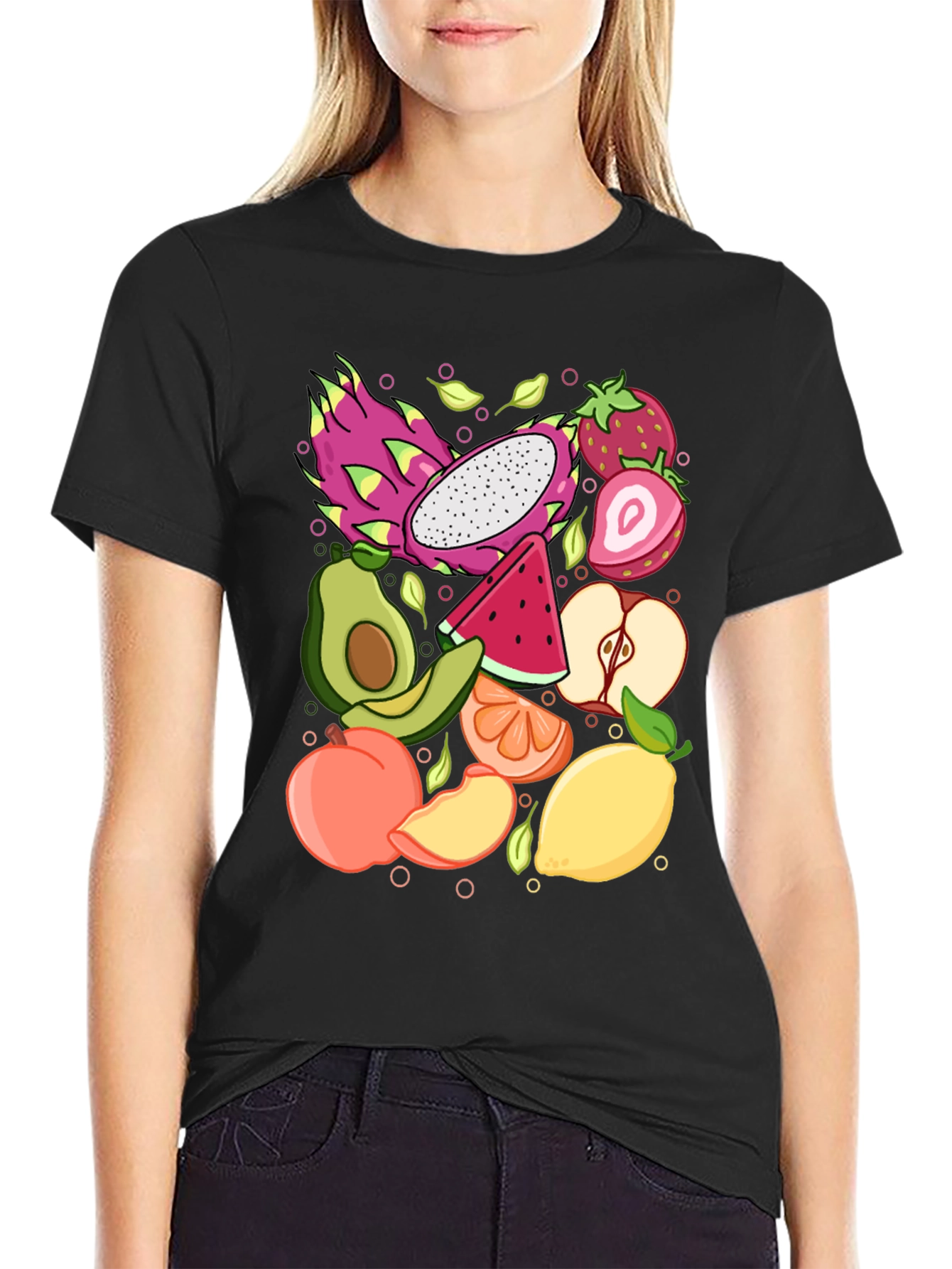 Fruit Pattern Graphic Tee - Unisex Black T-Shirt