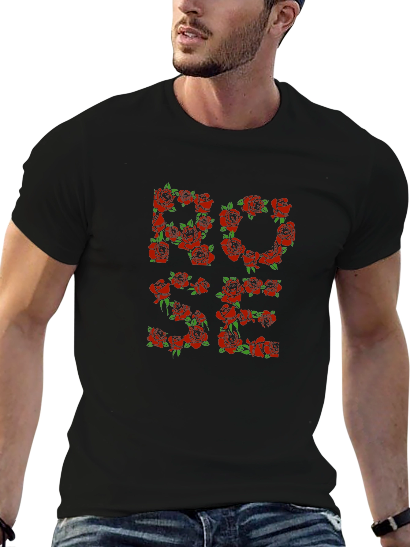 Rose Floral Graphic Print Black T-Shirt