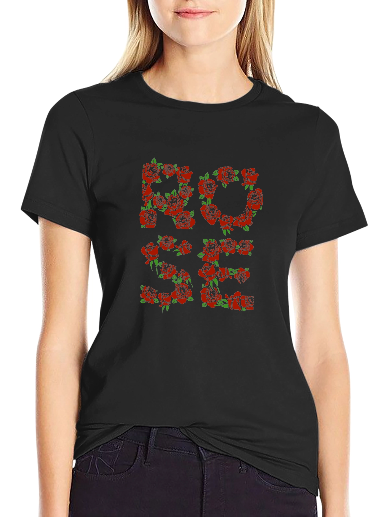 Rose Floral Graphic Print Black T-Shirt