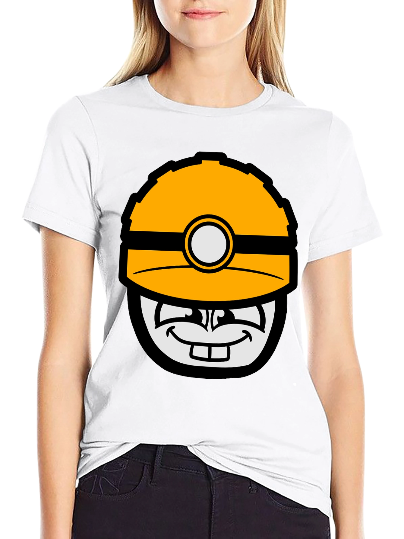 Cartoon Miner Hard Hat Graphic Tee - Black
