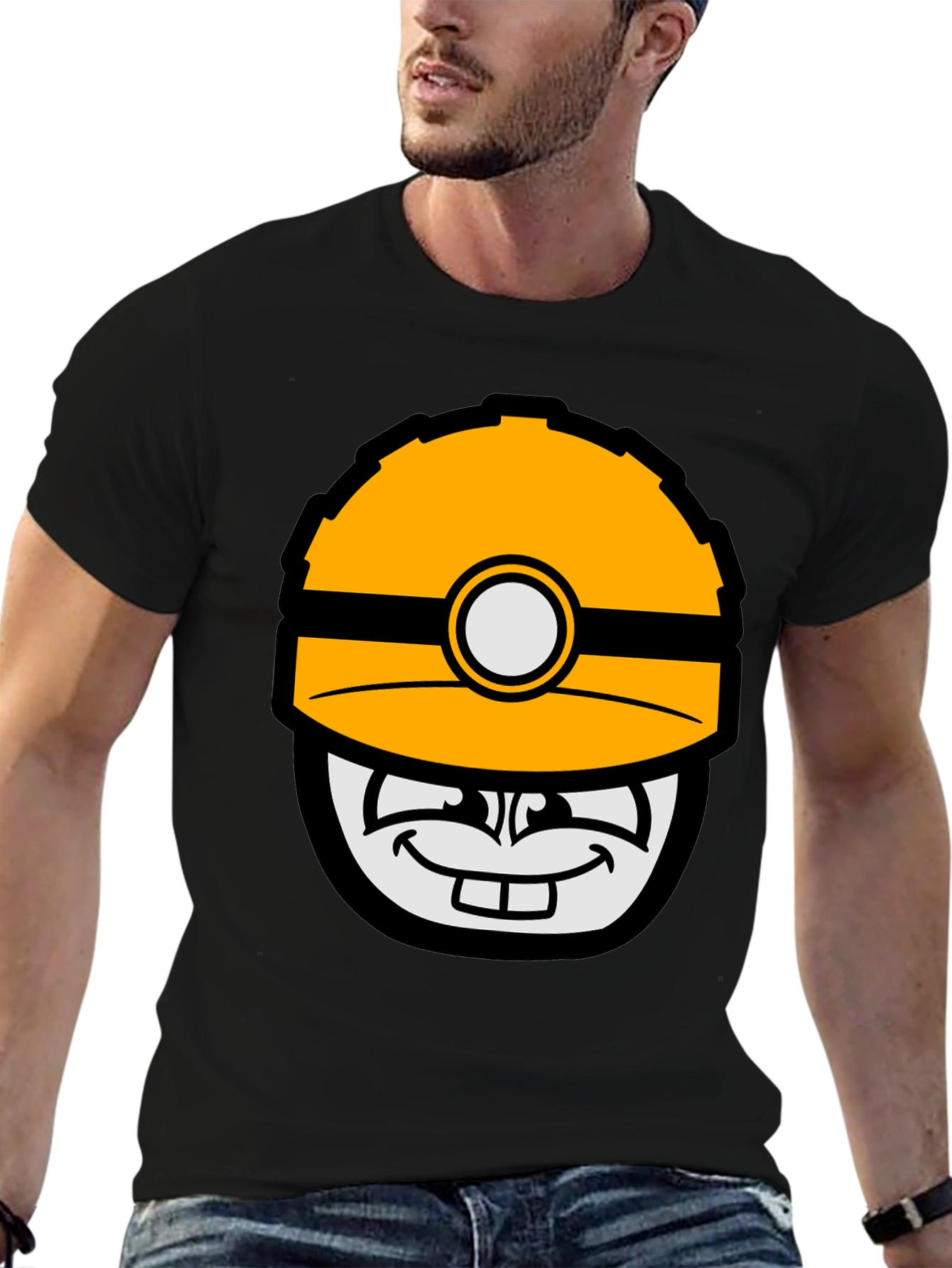 Cartoon Miner Hard Hat Graphic Tee - Black