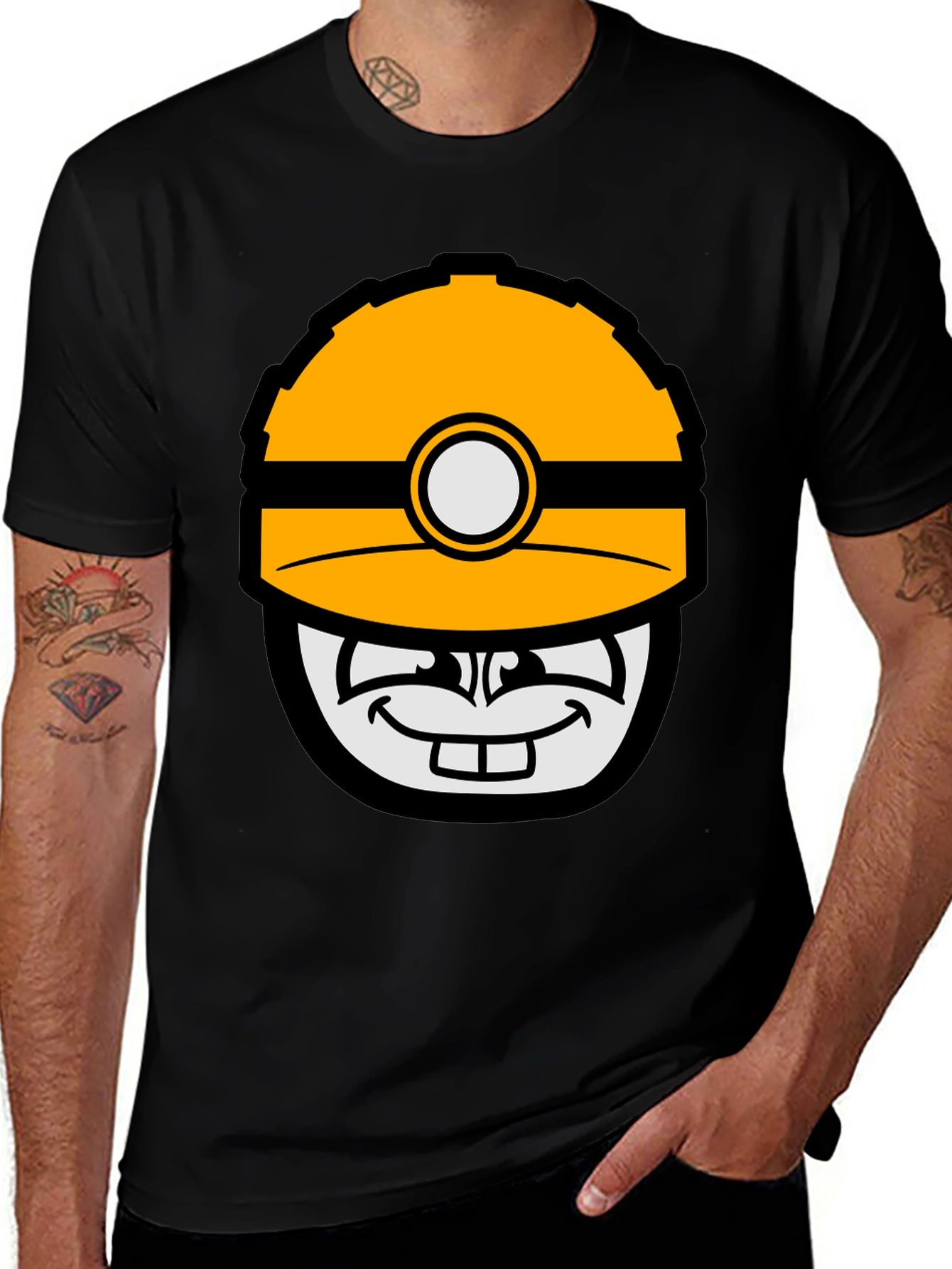 Cartoon Miner Hard Hat Graphic Tee - Black