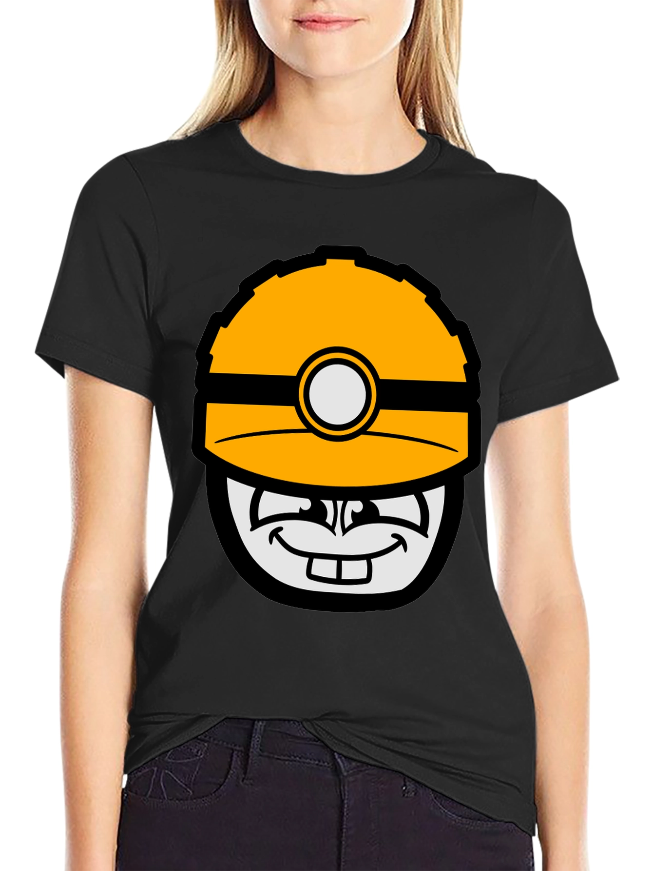 Cartoon Miner Hard Hat Graphic Tee - Black