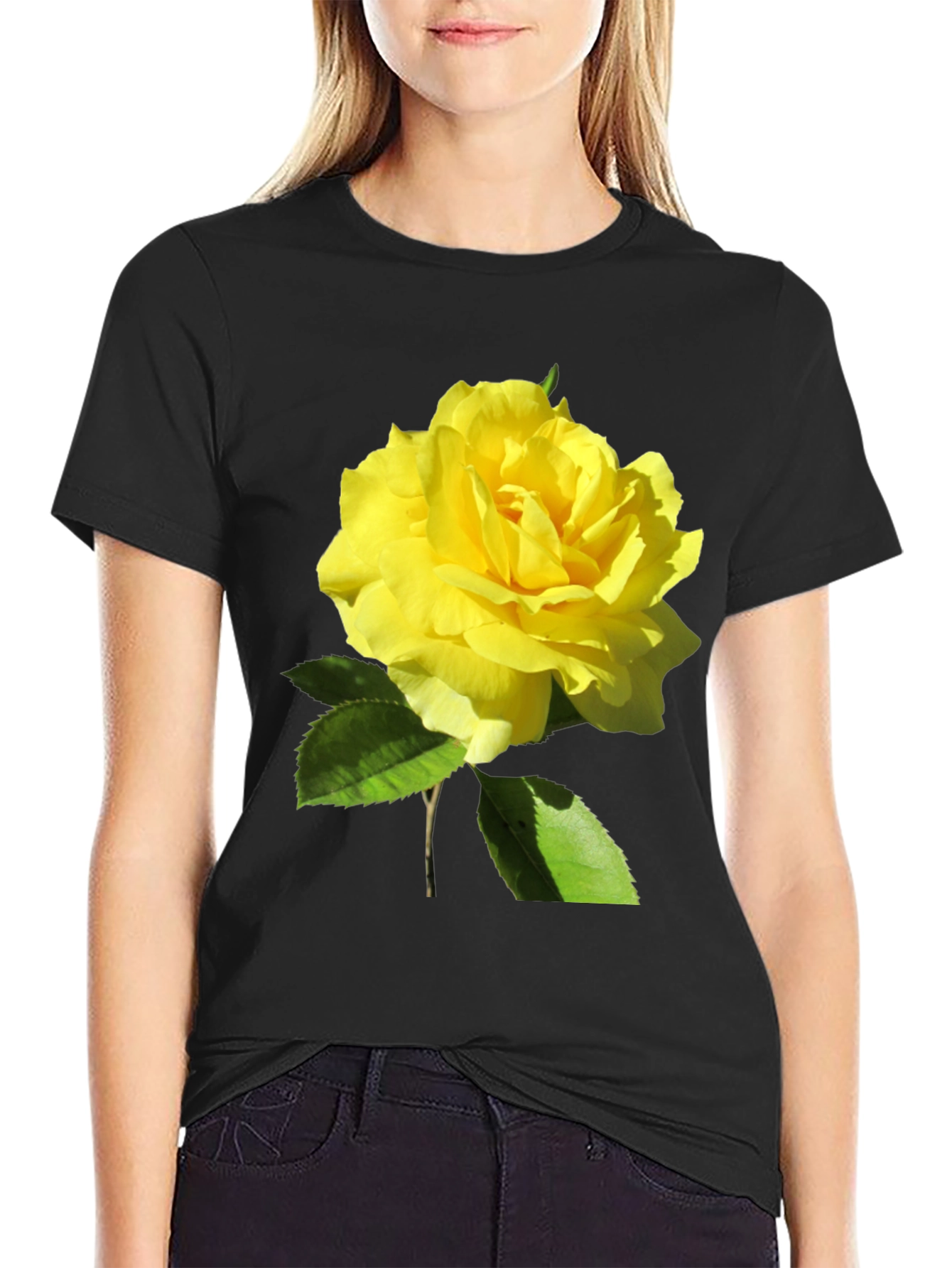 Yellow Rose Graphic Black T-Shirt - Floral Tee