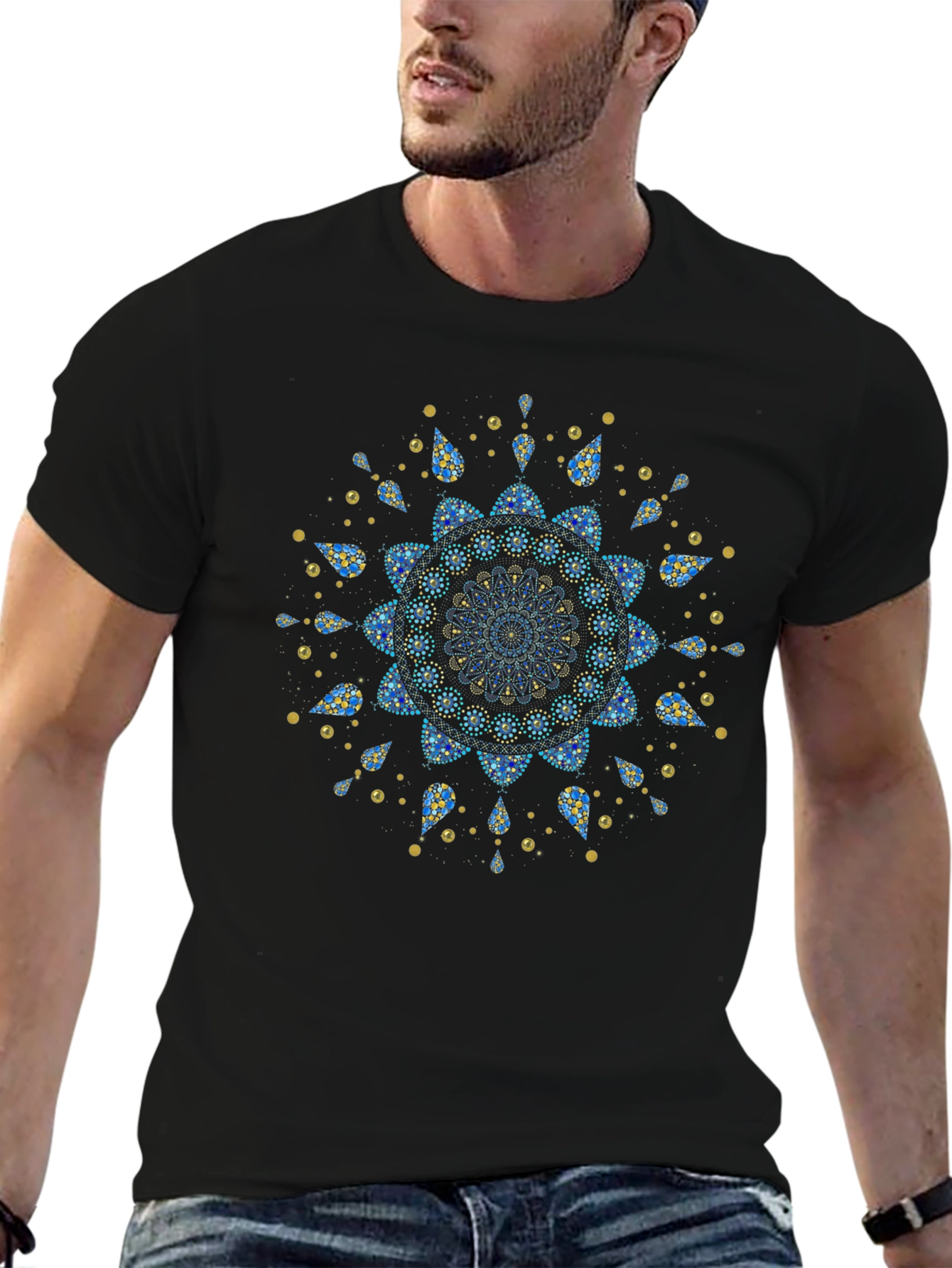 Geometric Mandala Art Print Black T-Shirt