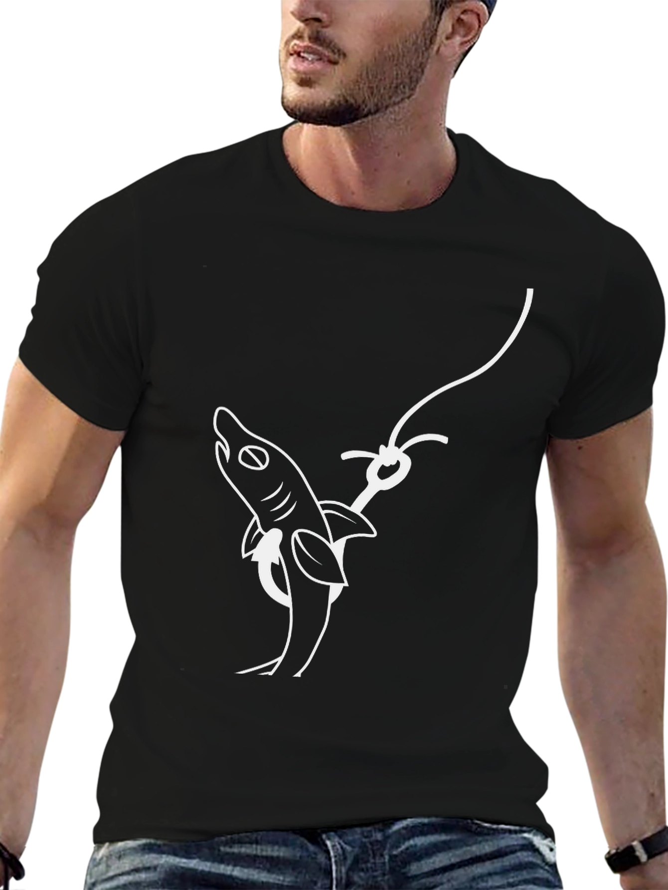 Shark on Hook Graphic Tee - Black Cotton T-Shirt