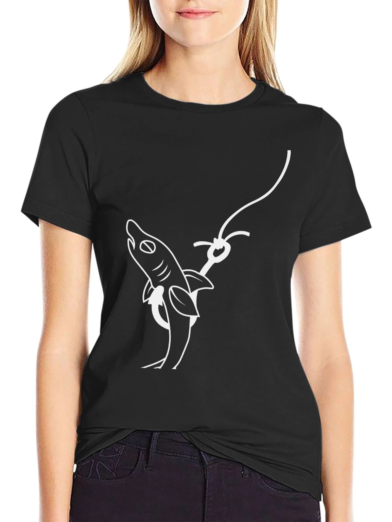 Shark on Hook Graphic Tee - Black Cotton T-Shirt