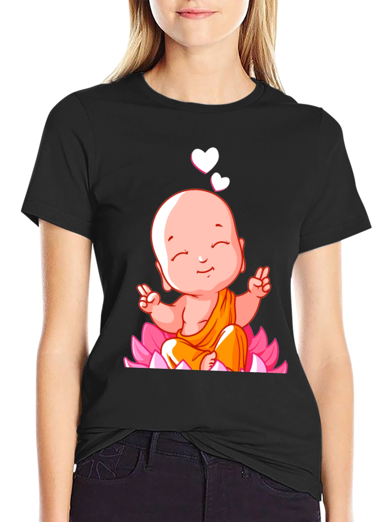 Cute Buddha Baby Peace Sign Black T-Shirt