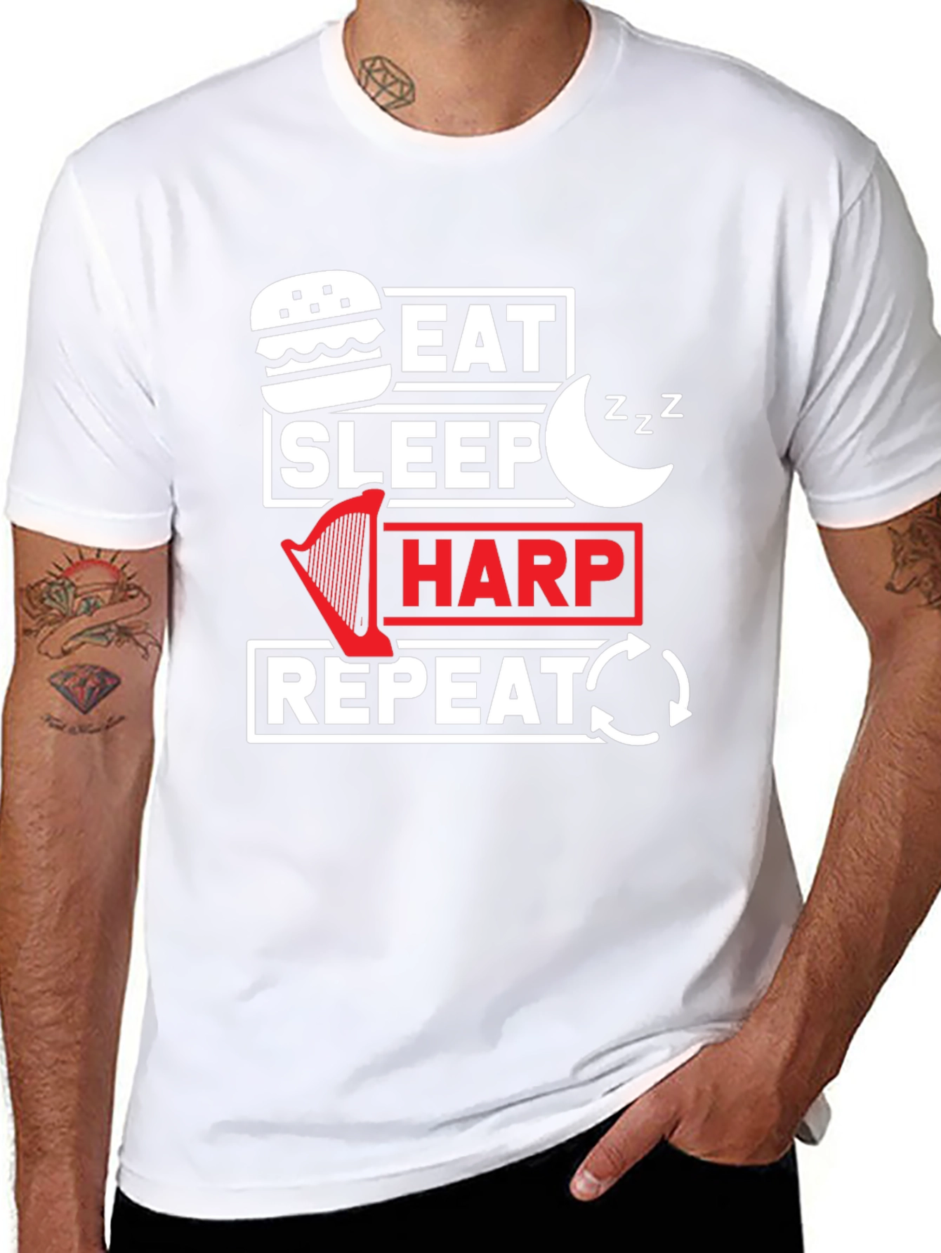 Eat Sleep Harp Repeat Black Graphic Tee