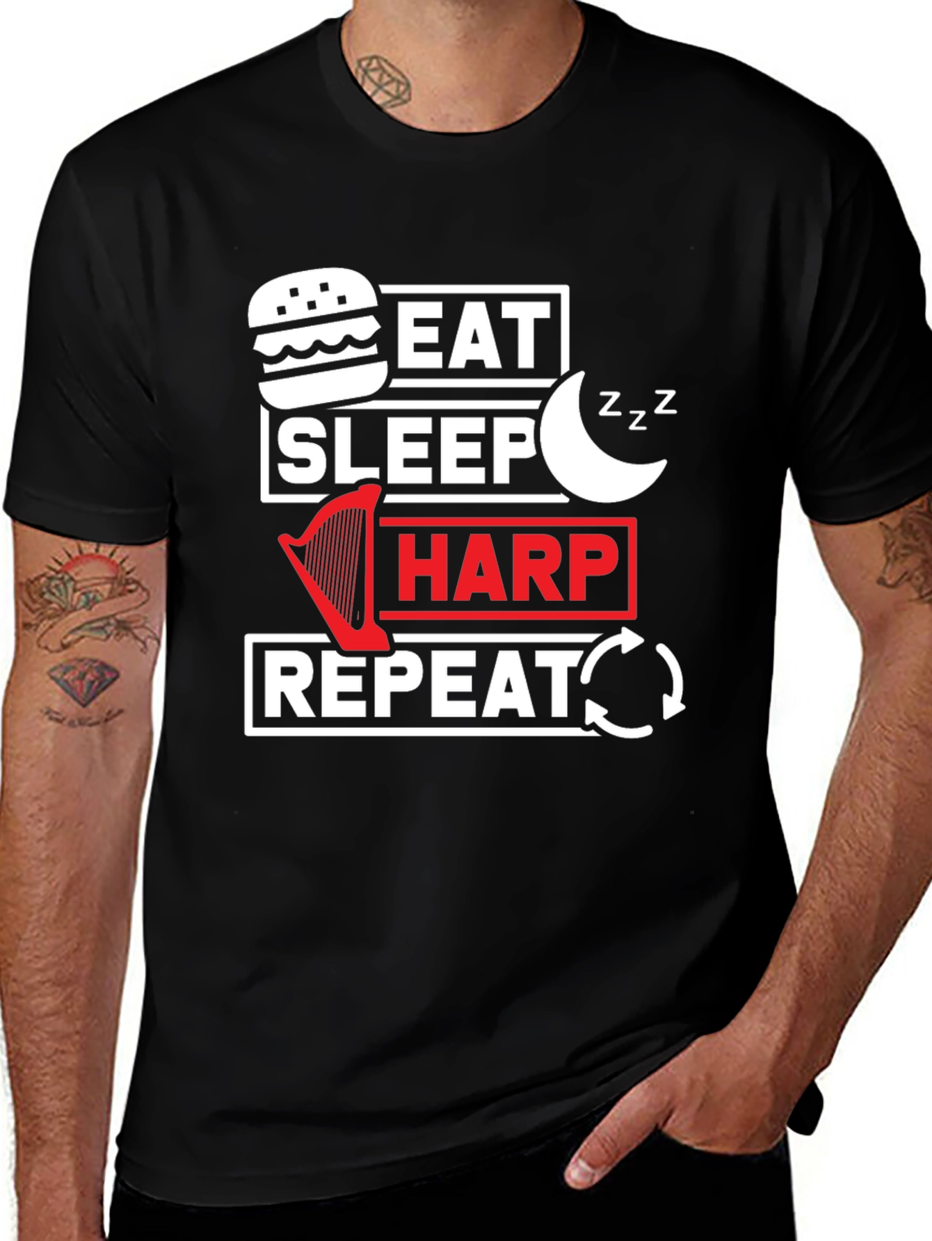 Eat Sleep Harp Repeat Black Graphic Tee