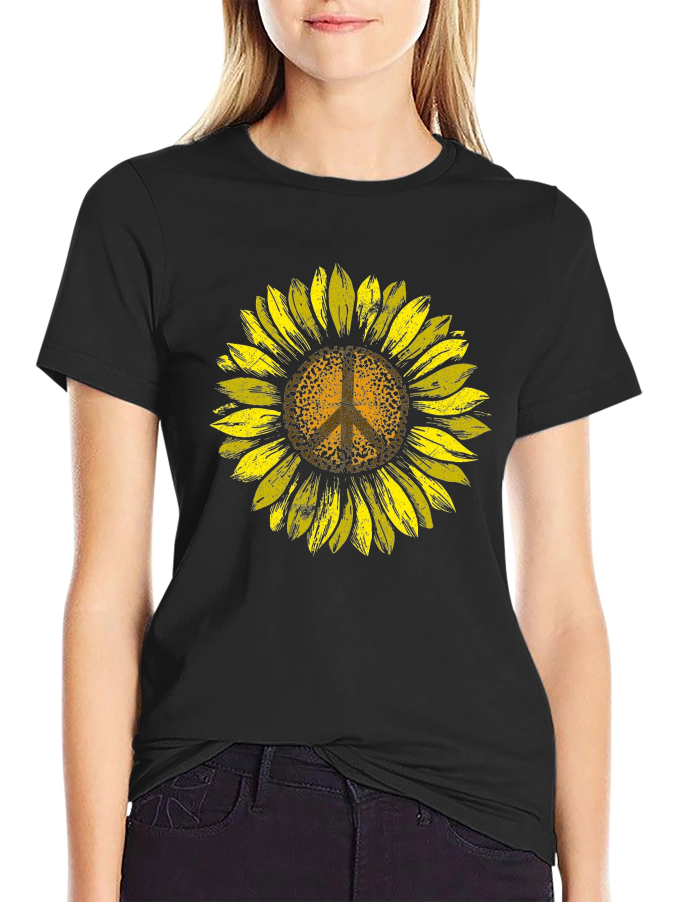 Sunflower Peace Sign Graphic Tee - Black