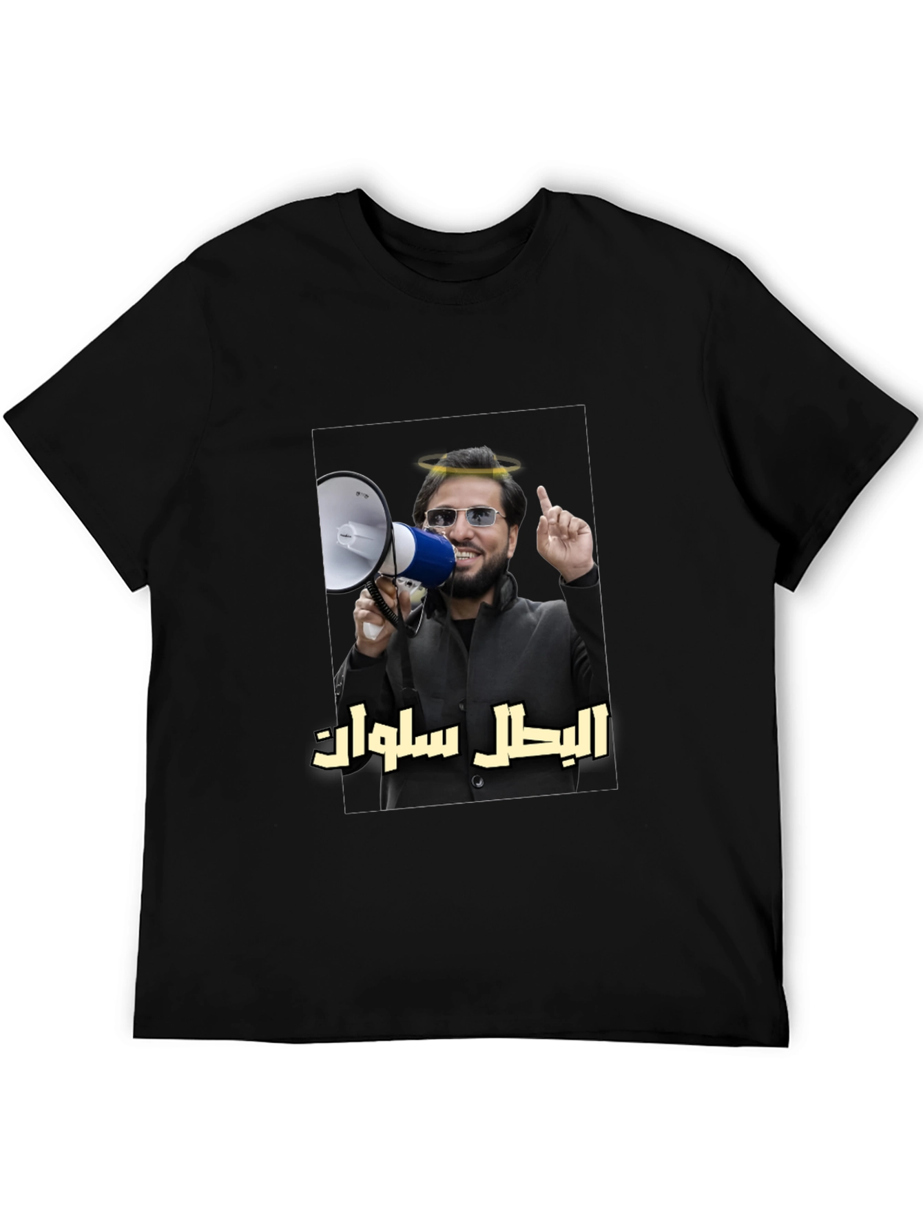 Novelty T-Shirt with Angel Halo Megaphone Graphic